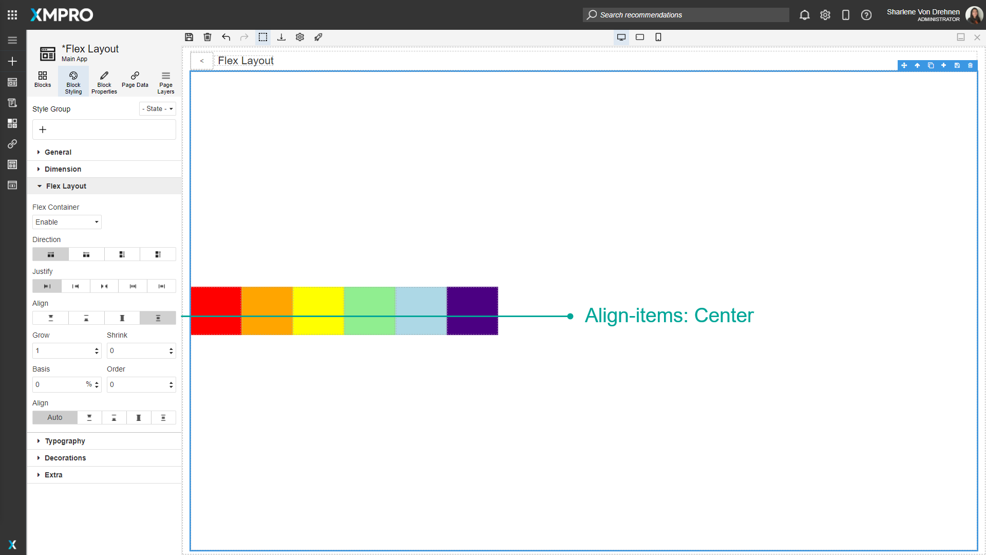 Screenshot showing a flex container with Align-Items set to "Center". Blocks of different heights are centered vertically in the container, with equal space above and below each block.