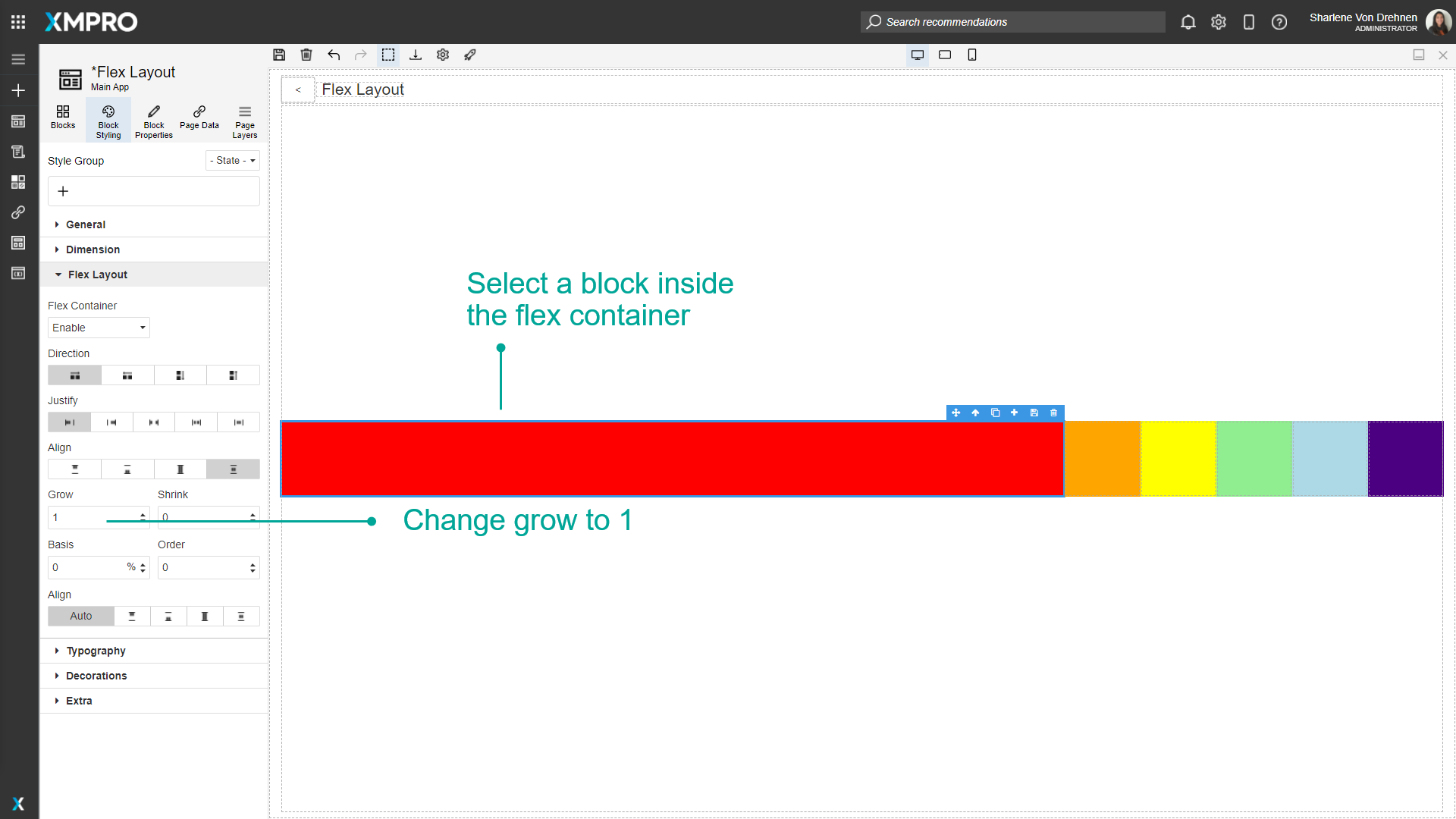 Screenshot showing the Block Styling panel with the Flex Grow property set to 1 for a selected block. The block expands to fill available space in the flex container.