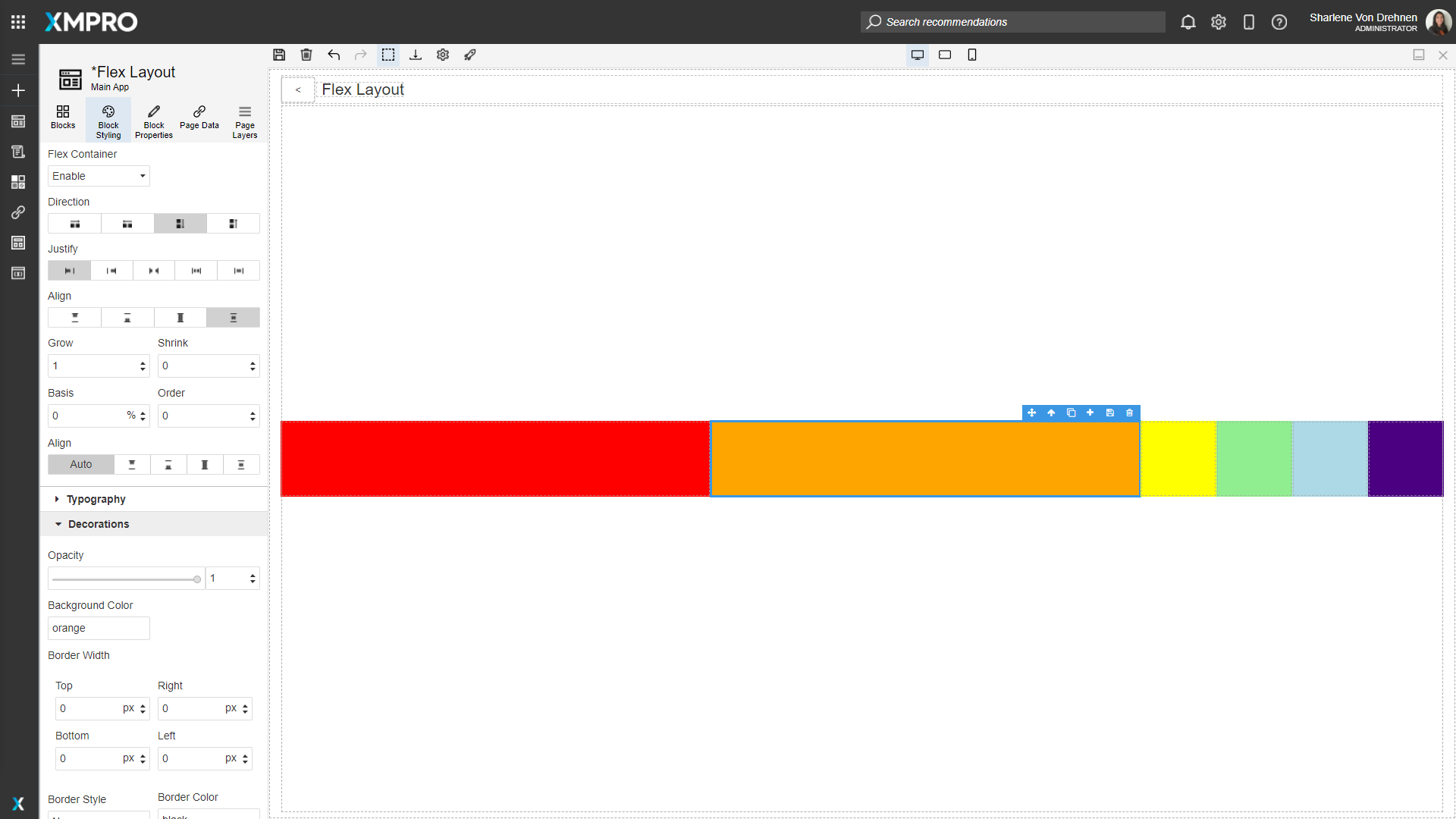 Screenshot showing multiple blocks with different Flex Grow values. The blocks with higher grow values take proportionally more space than those with lower values, demonstrating the ratio-based distribution.