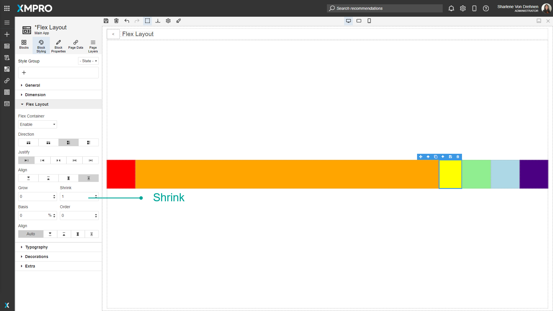Screenshot showing the Block Styling panel with the Flex Shrink property set to 1 for a selected block. The block is allowed to shrink when there's not enough space in the container.
