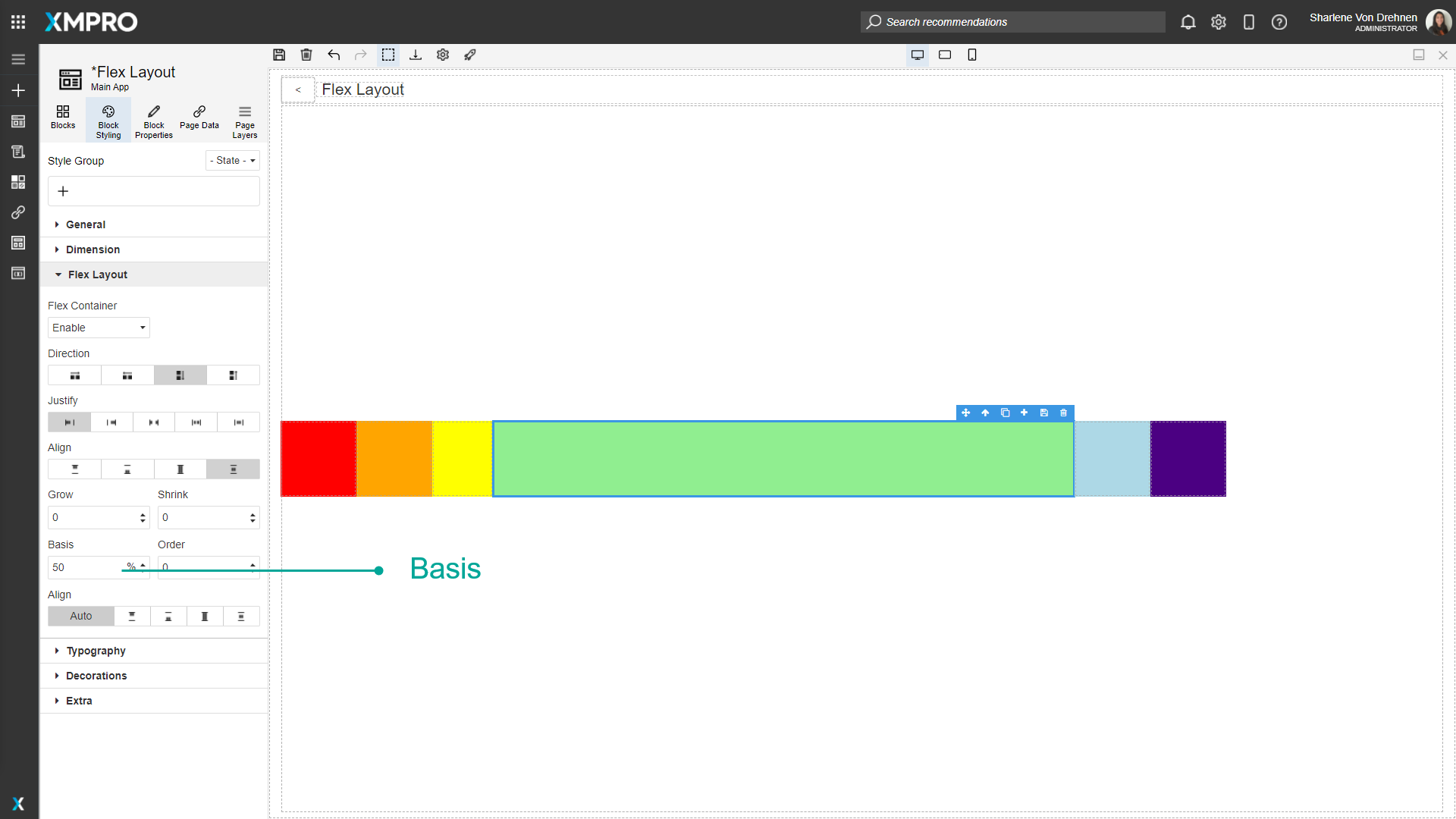 Screenshot showing the Block Styling panel with the Flex Basis property being configured. The property is set to a specific pixel value, establishing the initial main size of the flex item.