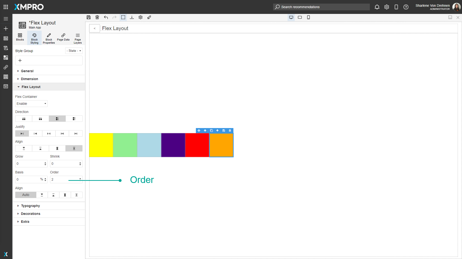 Screenshot showing the Block Styling panel with the Order property set to a specific number. Blocks are visibly arranged in a different order than their DOM sequence due to the order property.