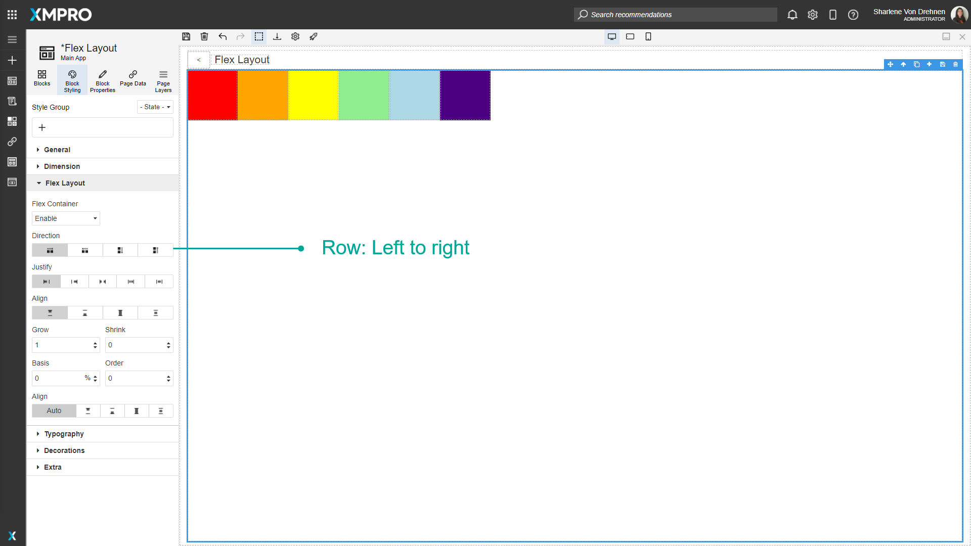 Screenshot showing a flex container with Direction set to "Row". Three colored blocks are arranged horizontally from left to right in a single row within the container.