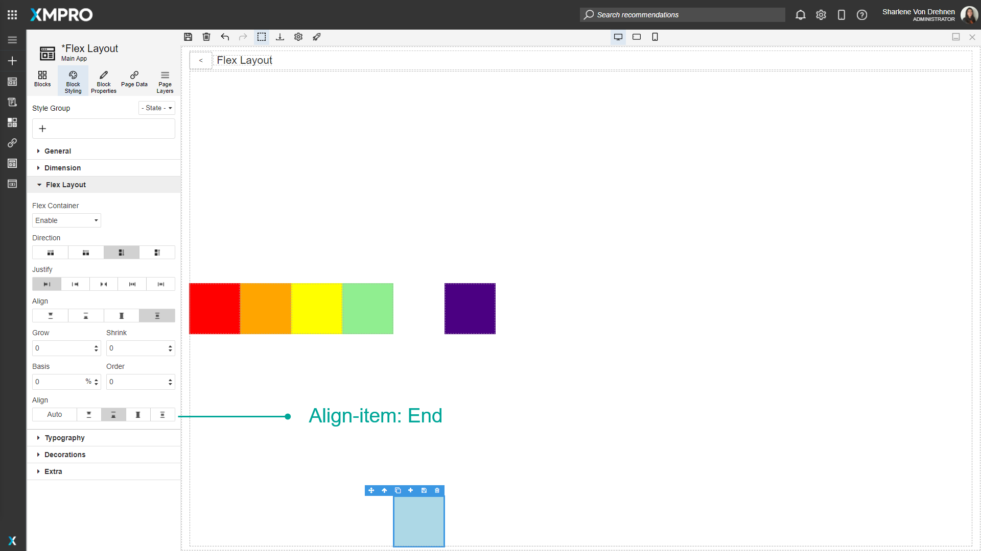 Screenshot showing a flex container where a single highlighted block has Align-Self set to "End". This block is aligned to the bottom of the container while other blocks follow the container's alignment rules.