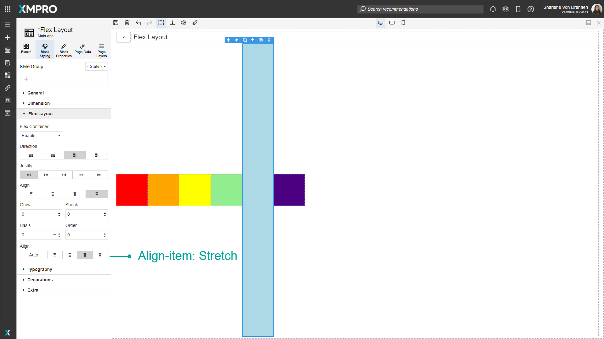 Screenshot showing a flex container where a single highlighted block has Align-Self set to "Stretch". This block is stretched to fill the container's height while other blocks maintain their original dimensions.