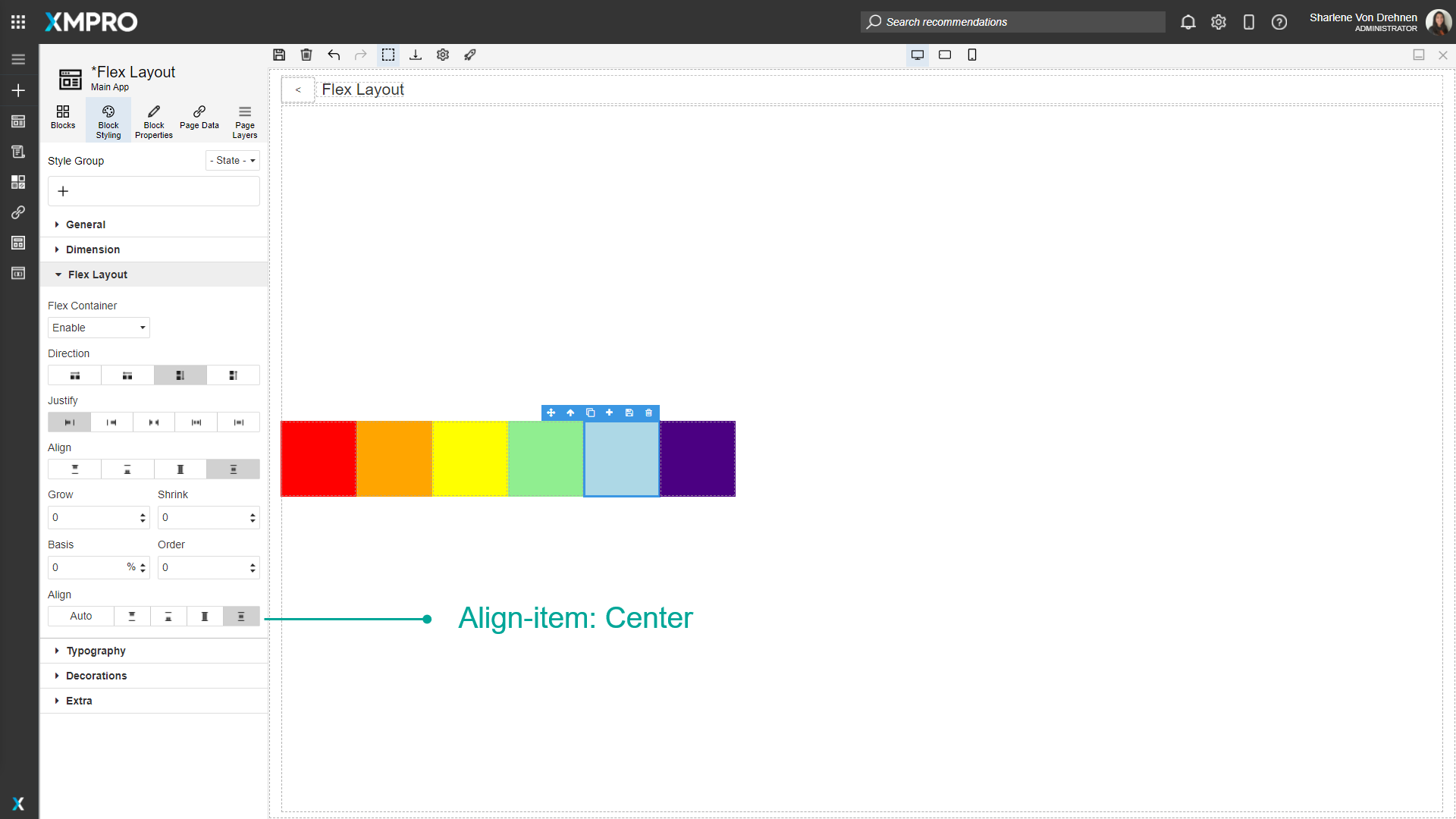 Screenshot showing a flex container where a single highlighted block has Align-Self set to "Center". This block is vertically centered in the container while other blocks follow the container's alignment rules.