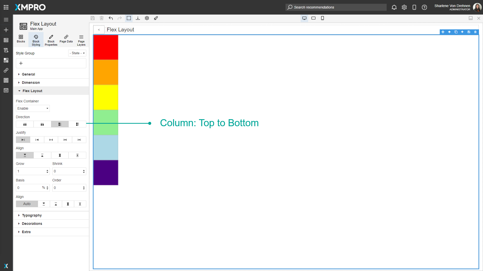 Screenshot showing a flex container with Direction set to "Column". Three colored blocks are stacked vertically from top to bottom in a single column within the container.