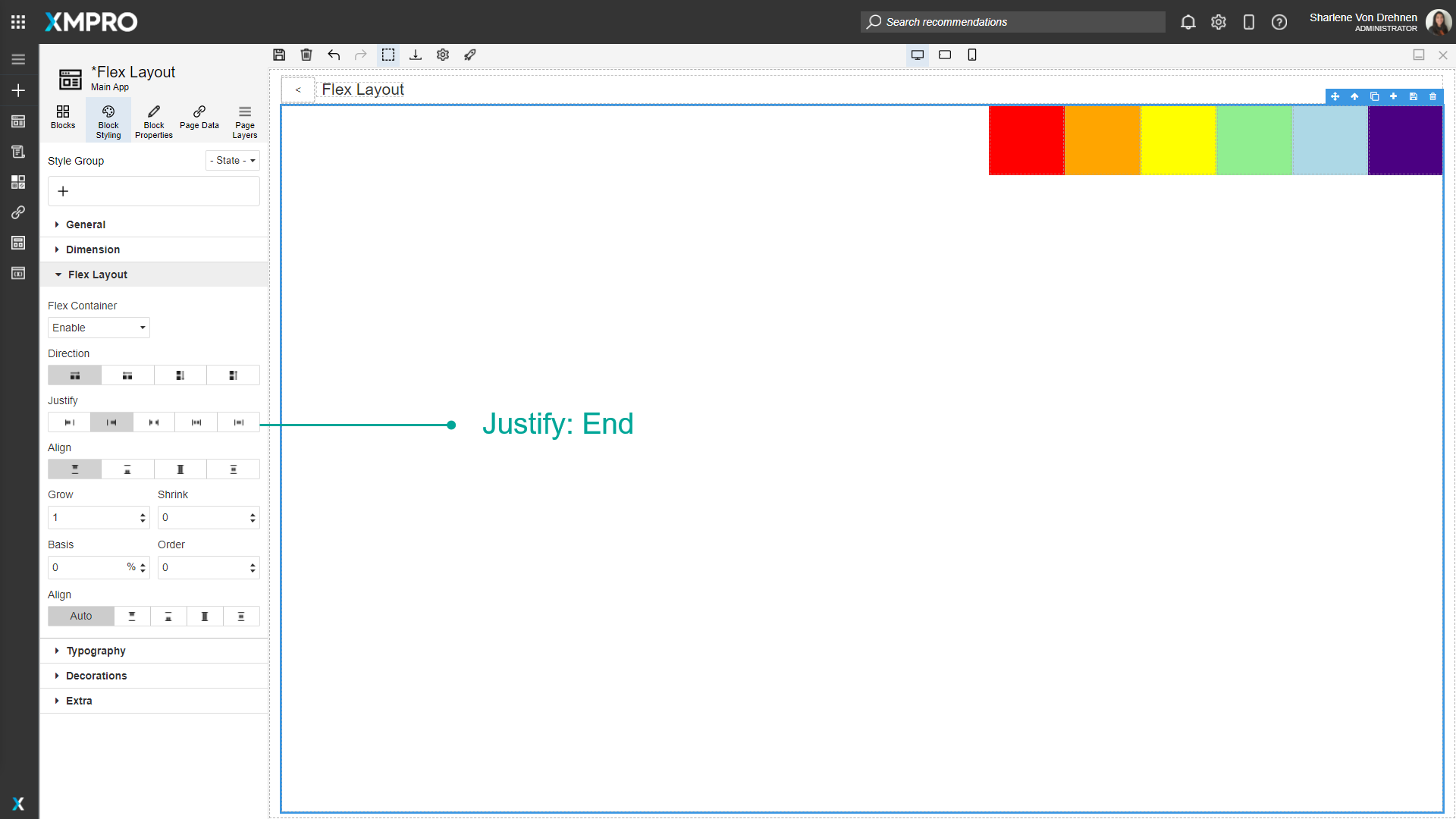 Screenshot showing a flex container with Justify set to "End". Multiple blocks are aligned at the end of the container with no space between them and the ending edge.