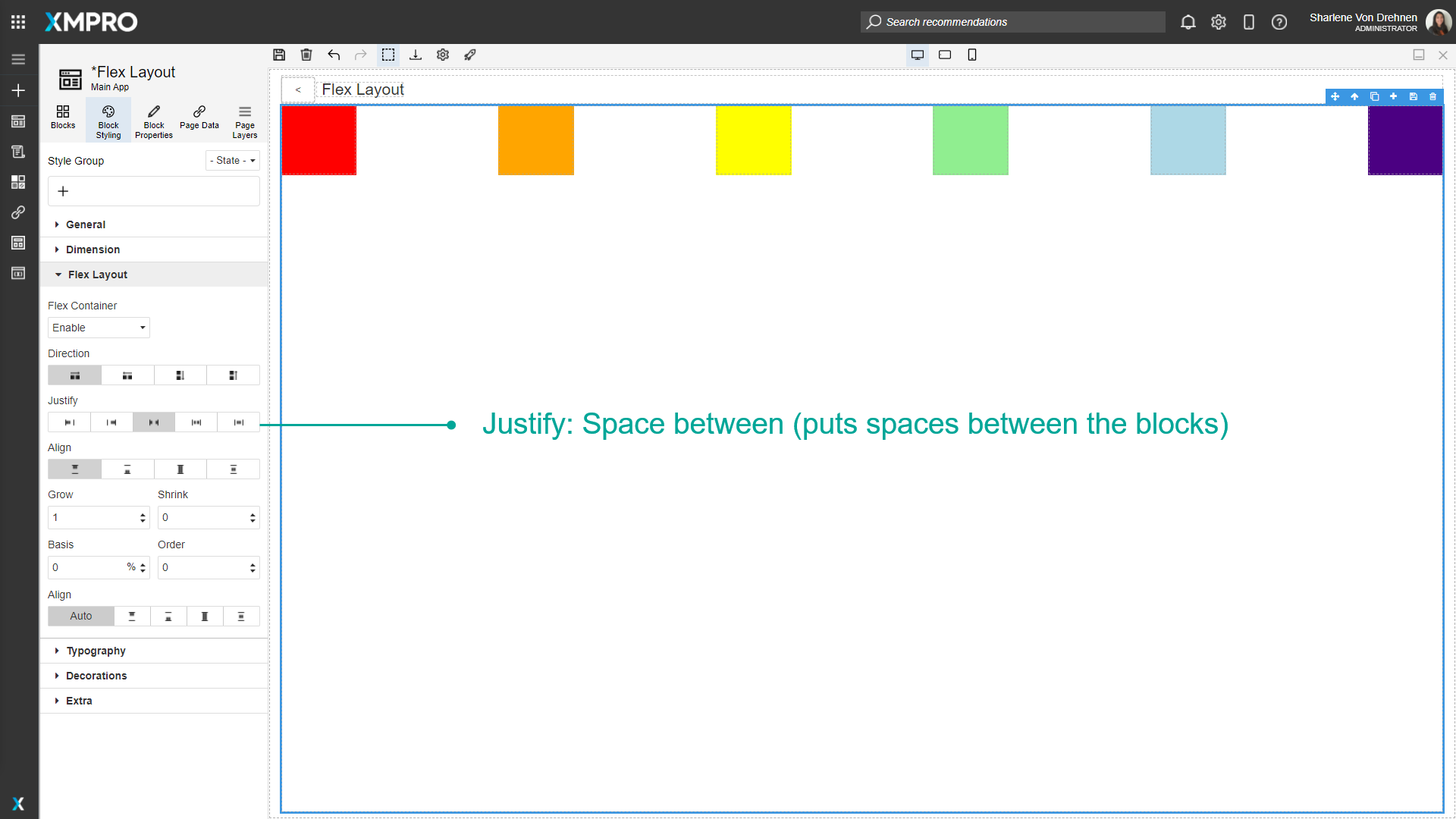 Screenshot showing a flex container with Justify set to "Space Between". Blocks are distributed evenly across the container with the first block at the start and the last block at the end, with equal spacing between blocks.