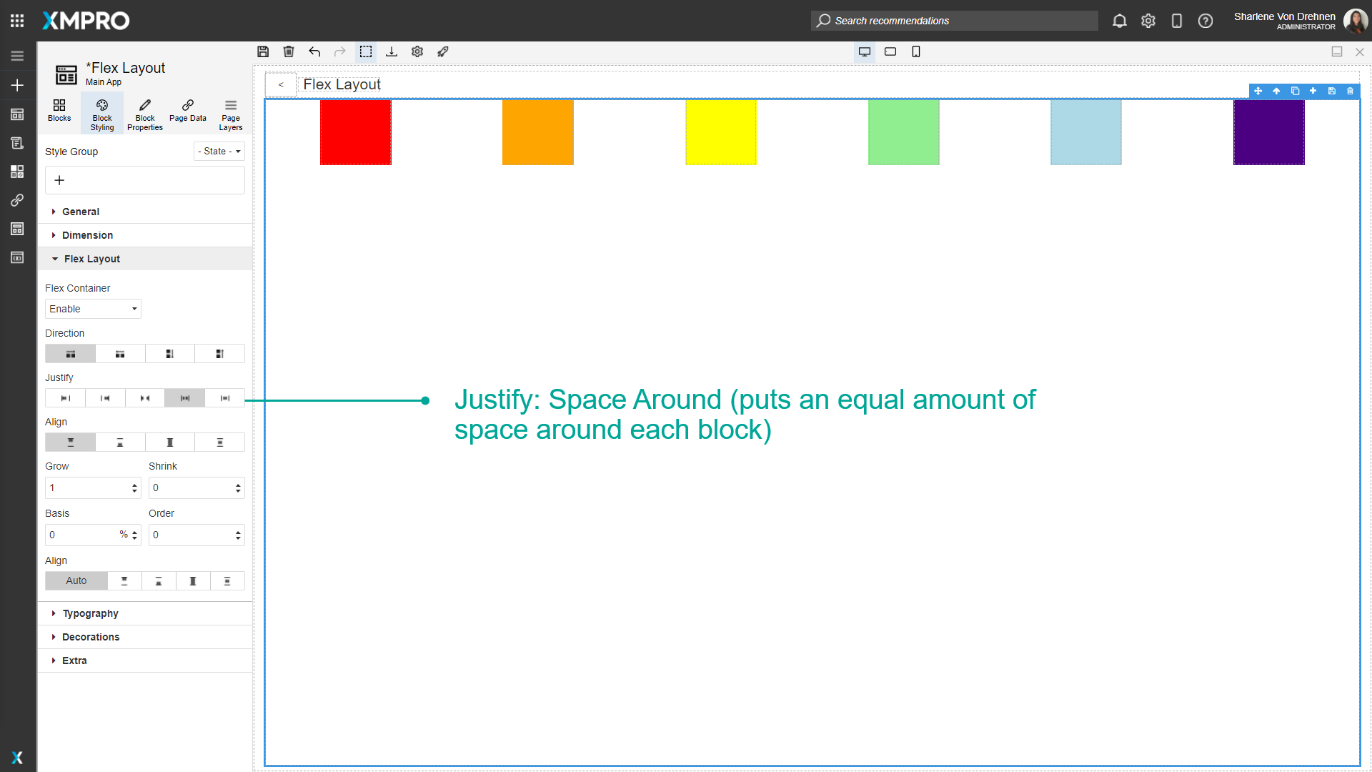 Screenshot showing a flex container with Justify set to "Space Around". Blocks are distributed with equal space around each block, including half-spaces at the beginning and end of the container.
