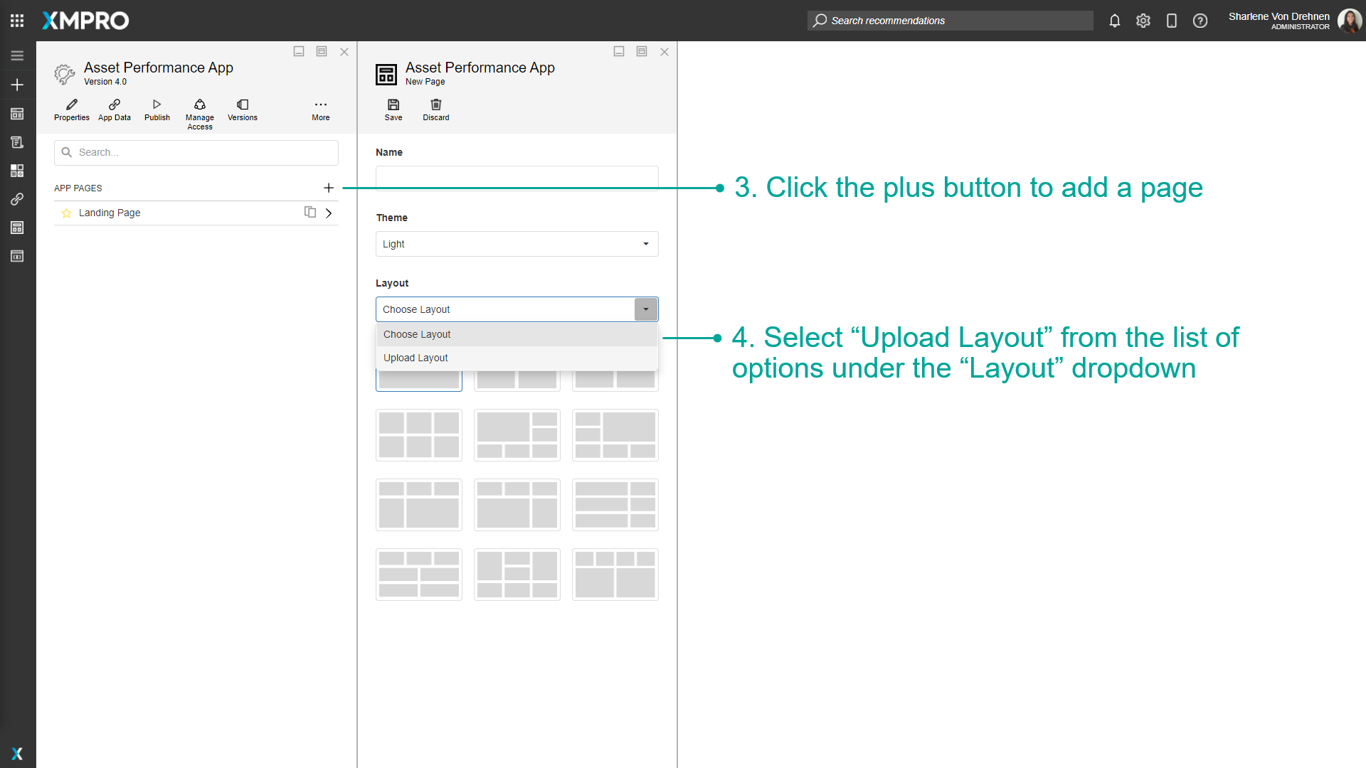 New page dialog with Upload Layout option highlighted