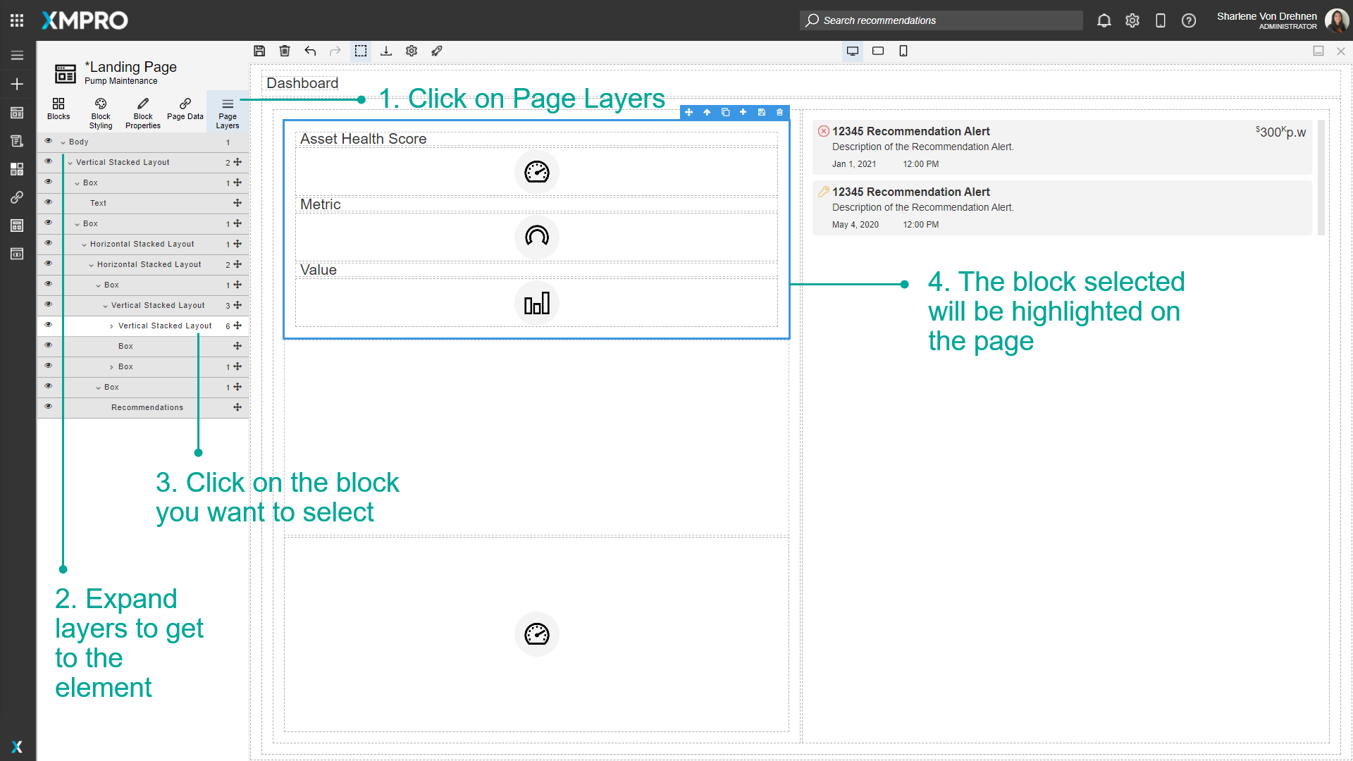 Screenshot showing the Page Layers panel in the right sidebar with a hierarchical view of blocks. A block named "Card" is selected in the layers panel, and the corresponding card is highlighted with a blue outline on the canvas.