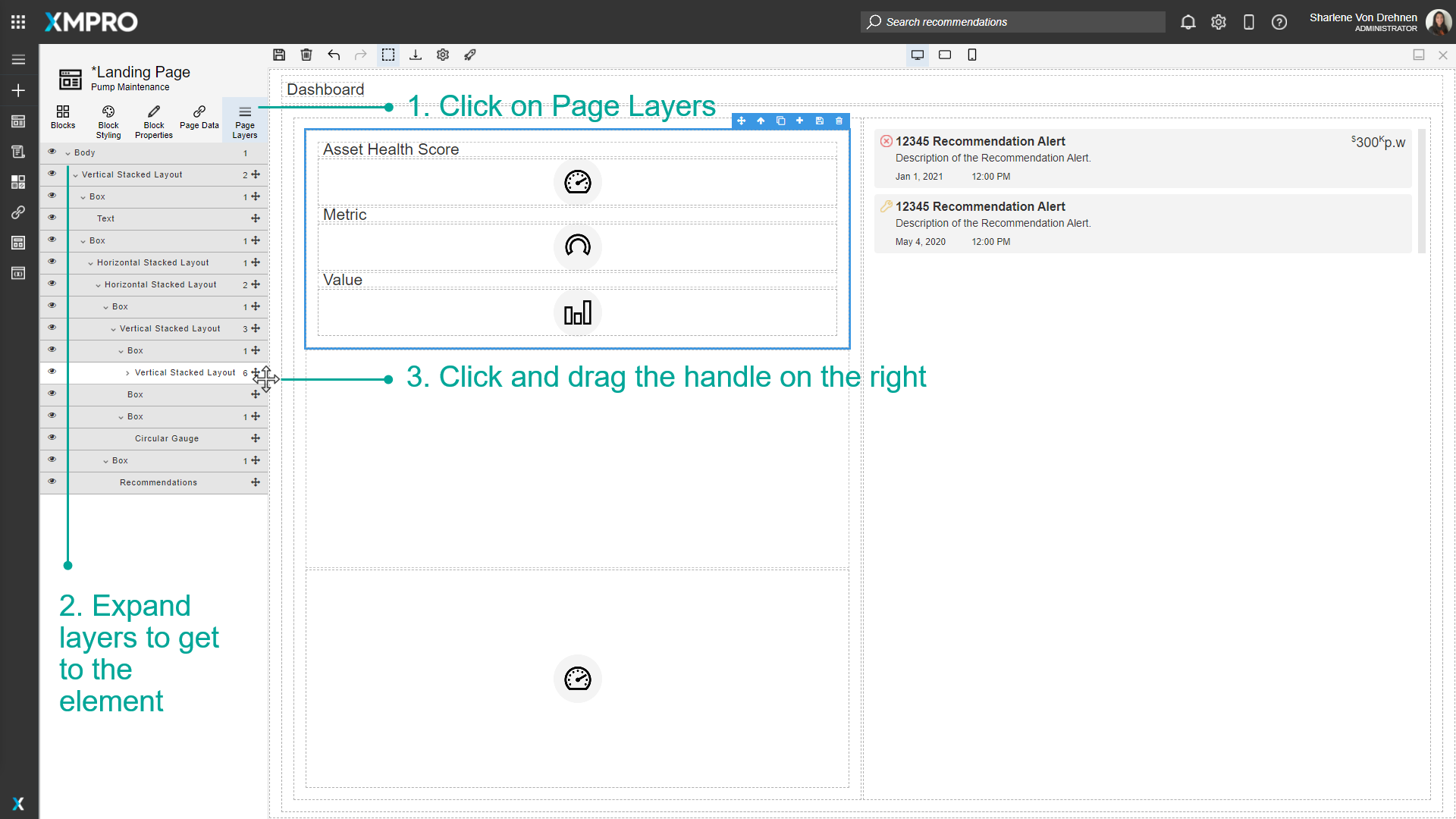 Screenshot showing a user grabbing the drag handle (six dots icon) on the right side of a block named "Column" in the Page Layers panel. The cursor has changed to a move icon indicating the block is being dragged.