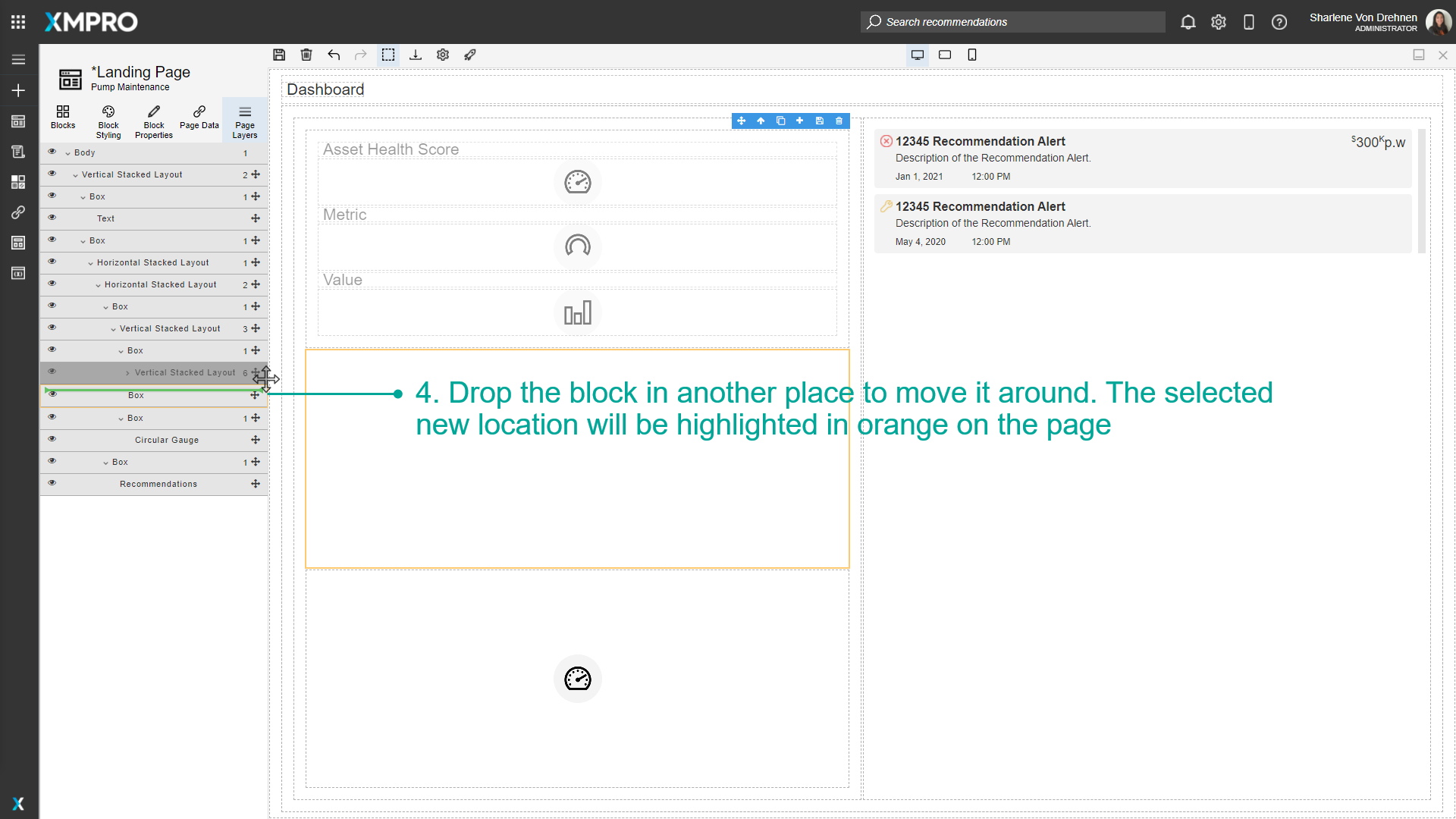 Screenshot showing the block being dragged to a new position in the layers hierarchy. An orange insertion line appears between blocks to indicate where the dragged block will be placed when released.