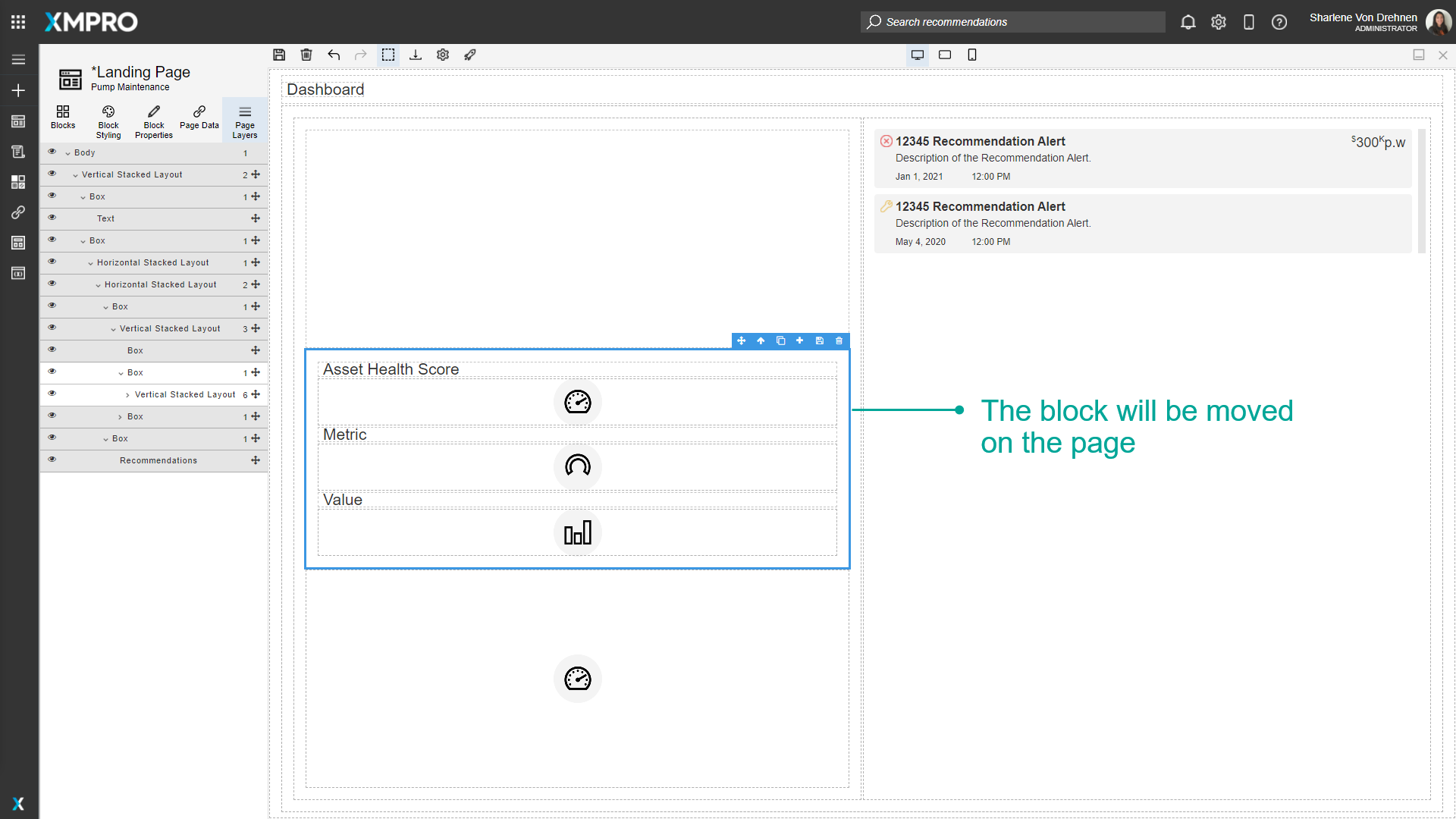 Screenshot showing the result after the block has been moved. The layout on the canvas has changed to reflect the new hierarchy position of the moved block.
