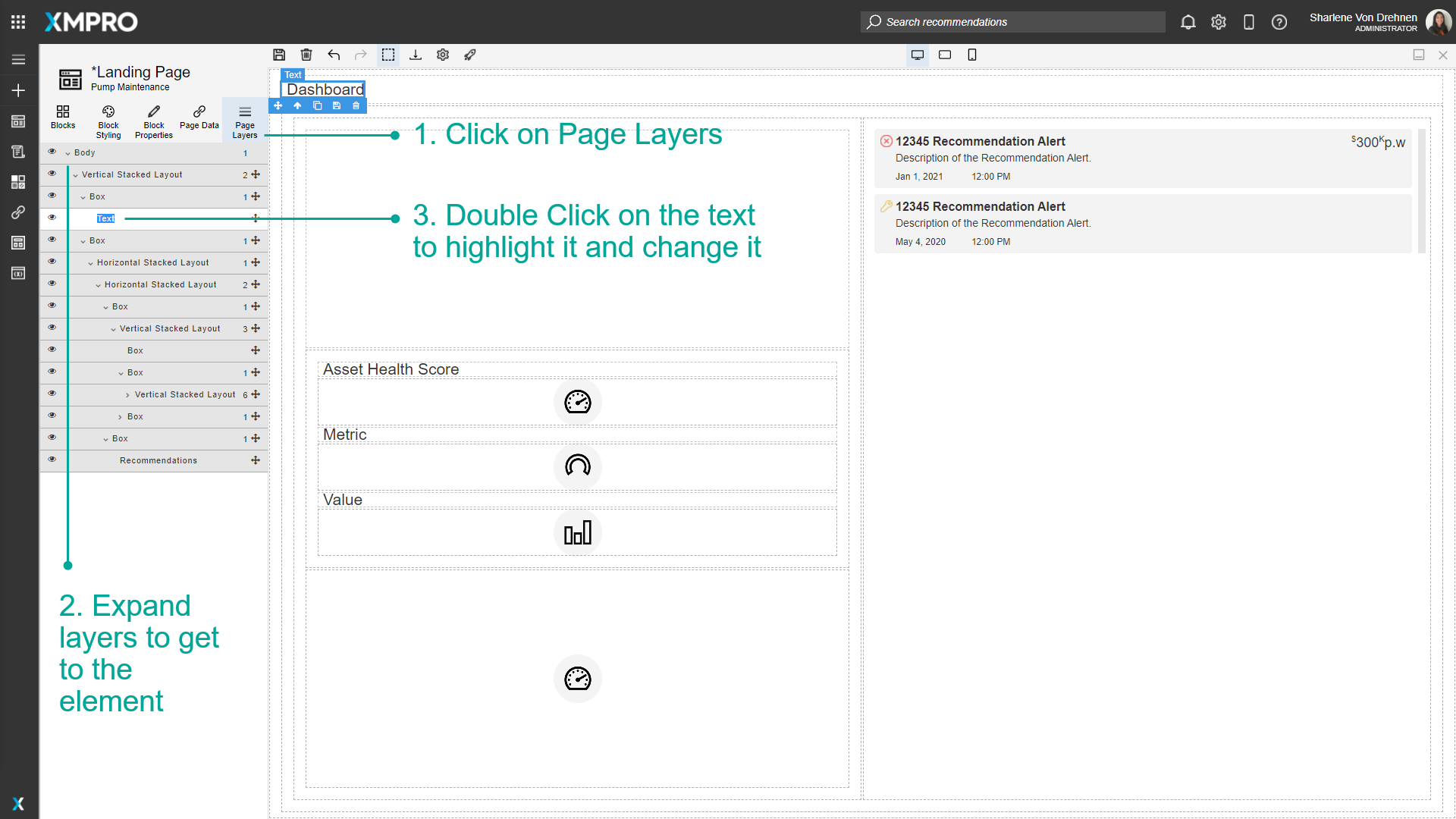 Screenshot showing a user double-clicking on the text label "Title" in the Page Layers panel. The text is highlighted in blue, indicating it's ready to be edited.