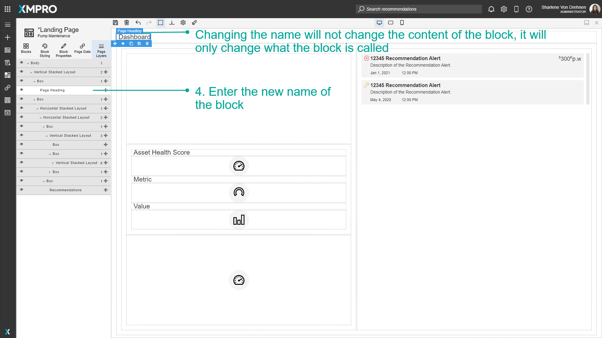 Screenshot showing the text being edited in the Page Layers panel. The user has changed the name from "Title" to "Main Heading" and the text field is still in edit mode.