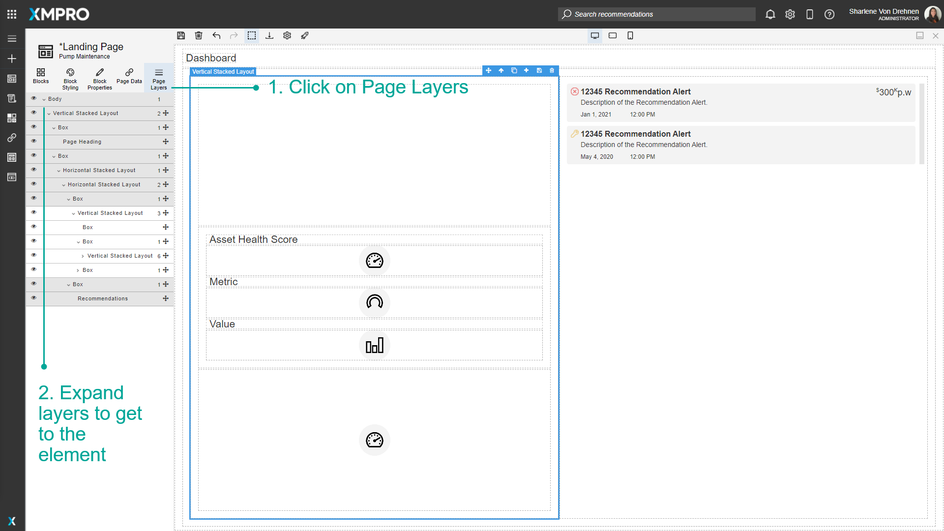 Screenshot showing the eye icon next to a block in the Page Layers panel. The cursor is hovering over the eye icon, indicating it can be clicked to toggle visibility.
