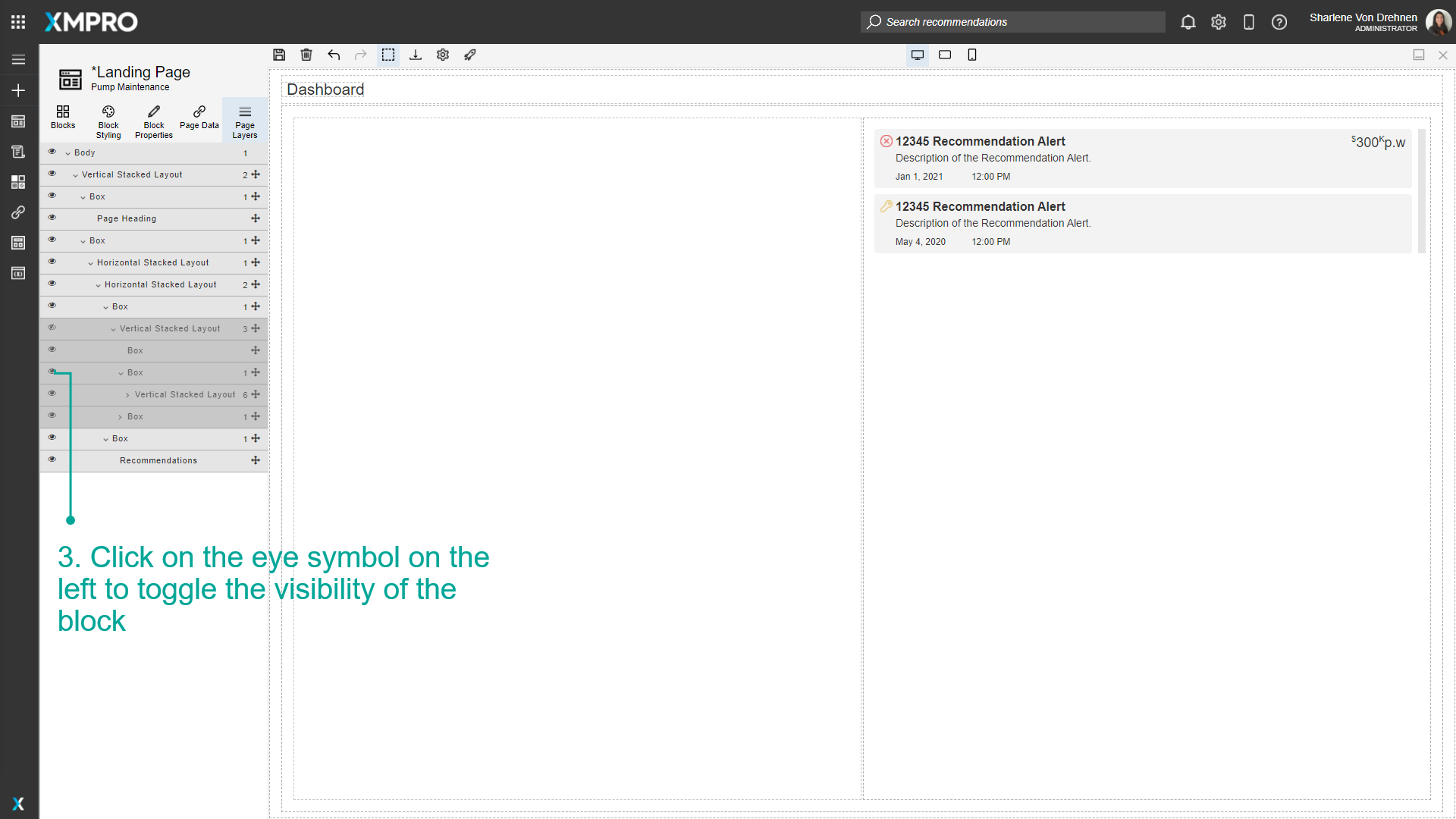 Screenshot showing the Page Layers panel after the eye icon has been clicked. The eye icon now appears as crossed out, and the corresponding block has disappeared from the canvas view, indicating it is now hidden.