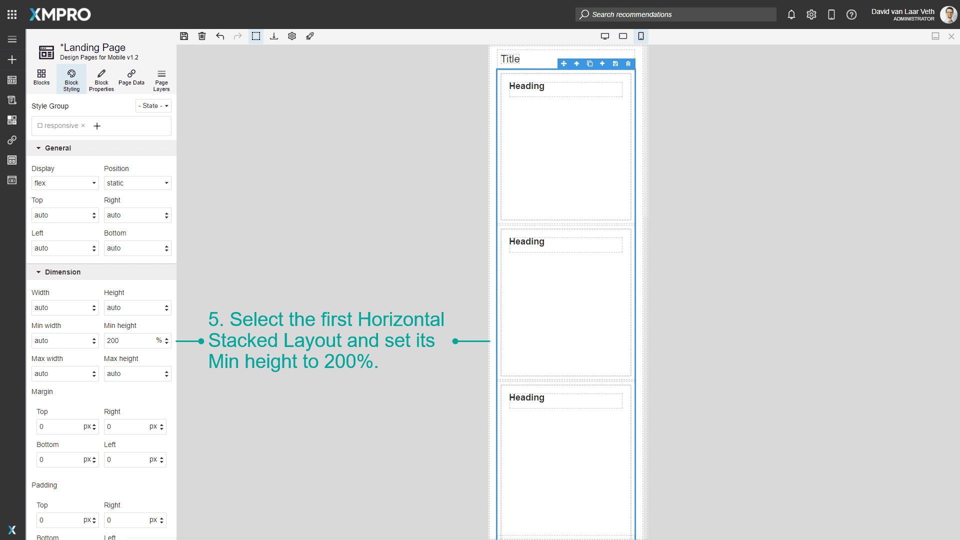 Screenshot showing how to adjust element heights in Mobile View