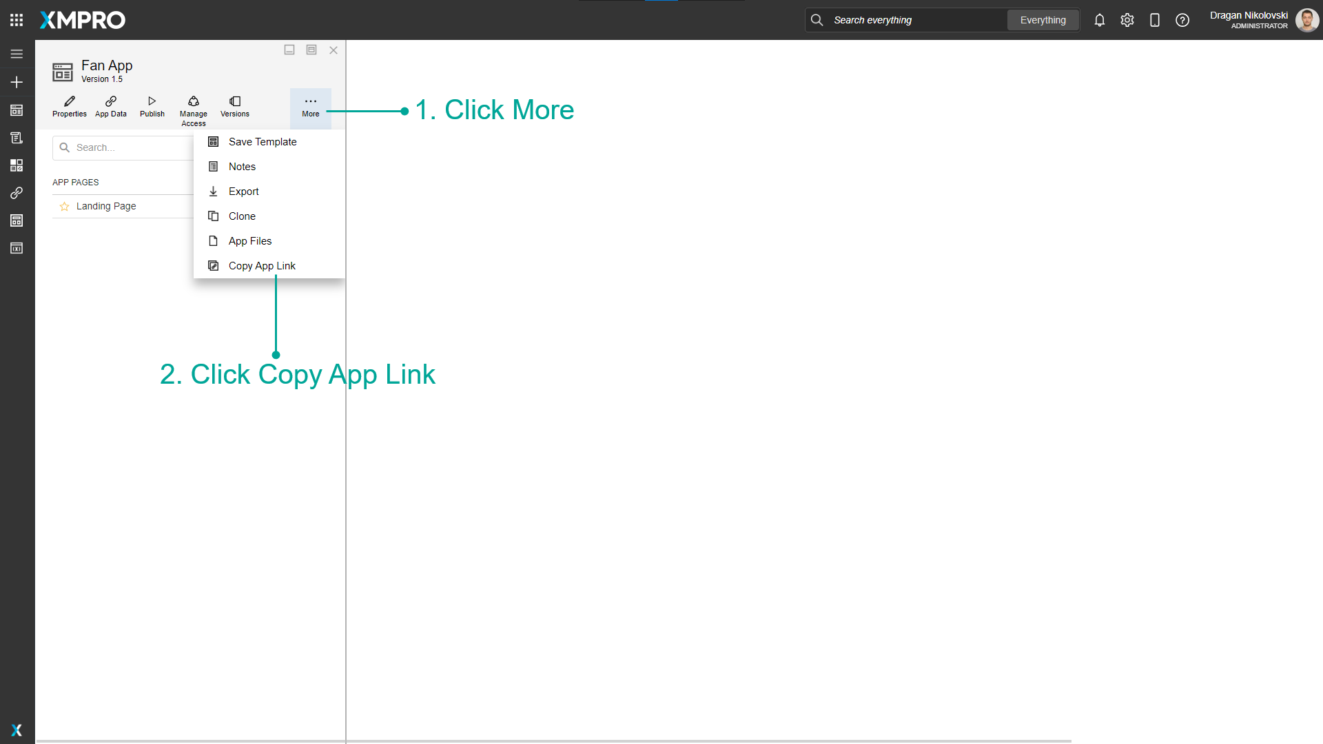 Screenshot showing the More dropdown menu in the application editor with the "Copy App Link" option highlighted.