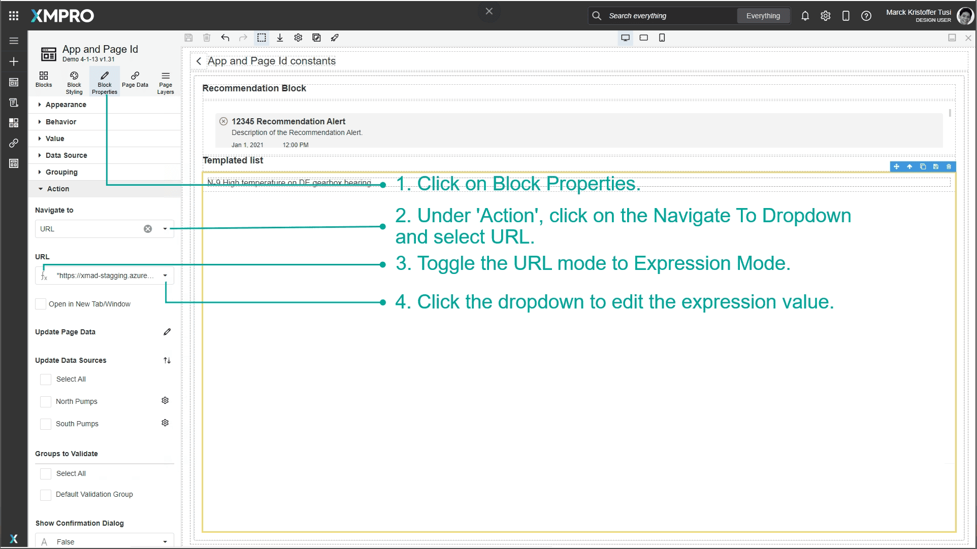 Screenshot showing the Block Properties panel with URL configuration. The URL field is in Expression Mode and the expression editor dropdown is open.