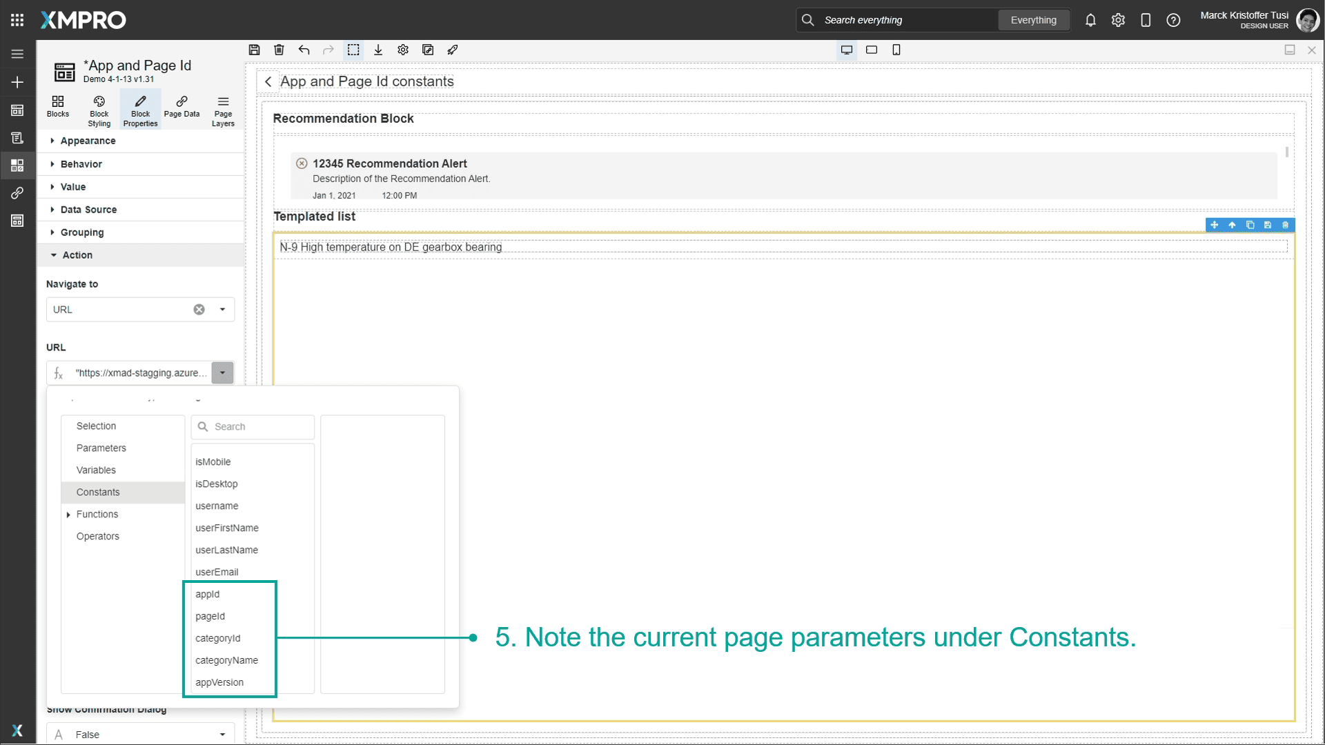 Screenshot of the expression editor showing the Constants section with current page parameters like appId, pageId, and categoryName that can be used in the back URL.