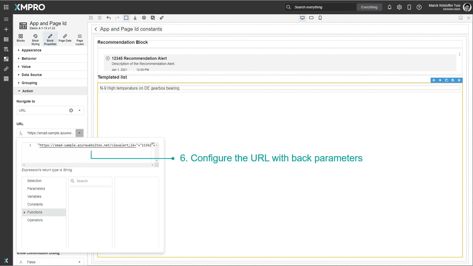 Screenshot showing the completed expression for the back URL with all parameters properly formatted in the expression editor.