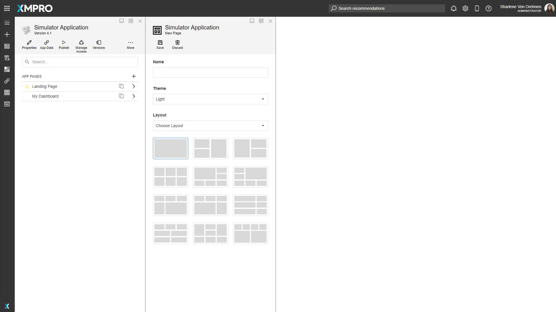 Screenshot showing the application editor with multiple pages listed in the left sidebar under the Pages section. Each page is represented as a card with its name.