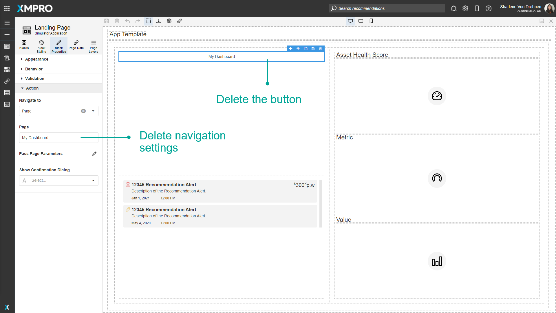 Screenshot of the Block Properties panel showing how to remove navigation by clearing the Action settings. The Navigate To dropdown is being set to "None".