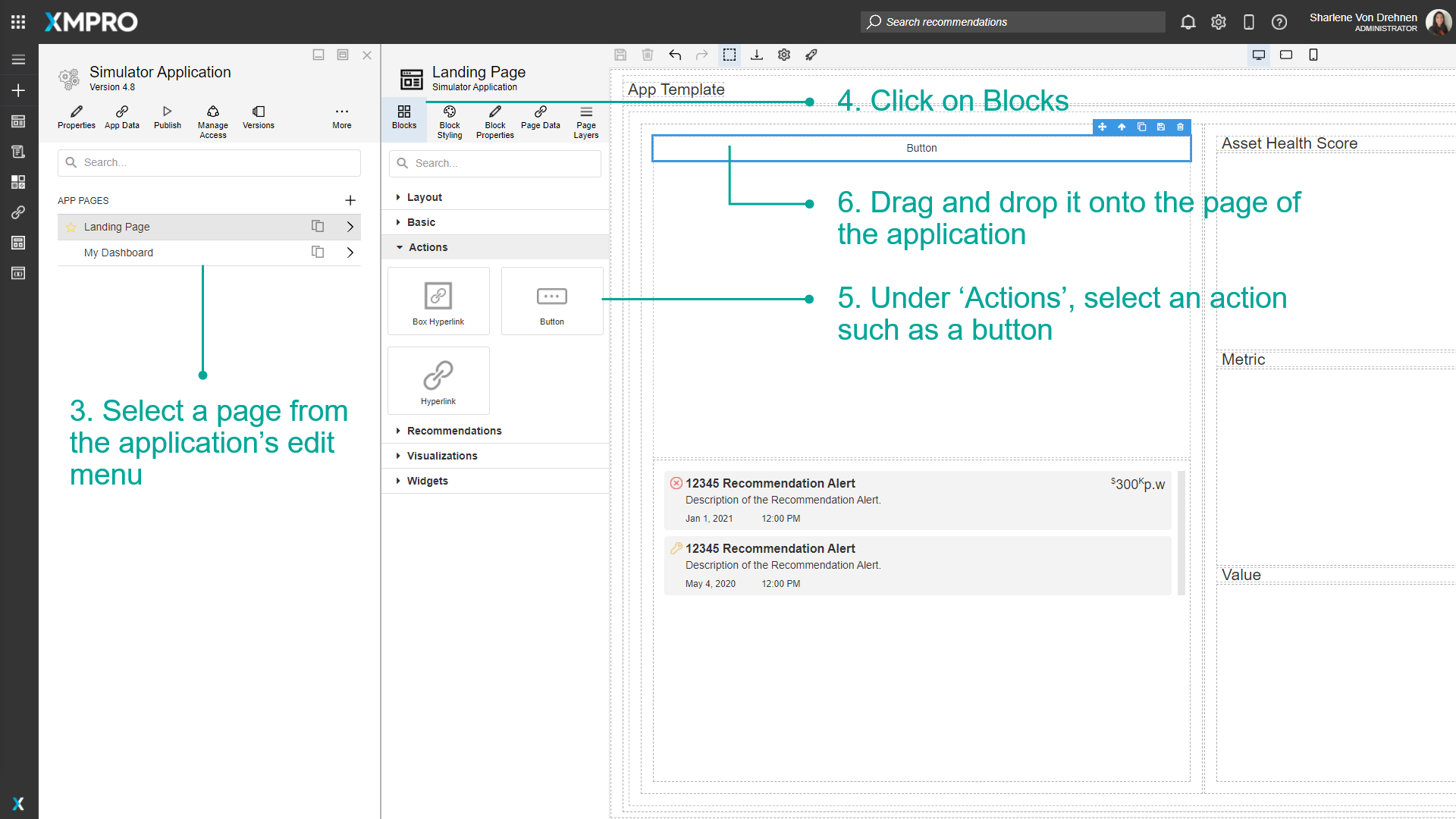 Screenshot showing the Blocks toolbox with the Actions section expanded. A button component is being dragged from the toolbox onto the page canvas.