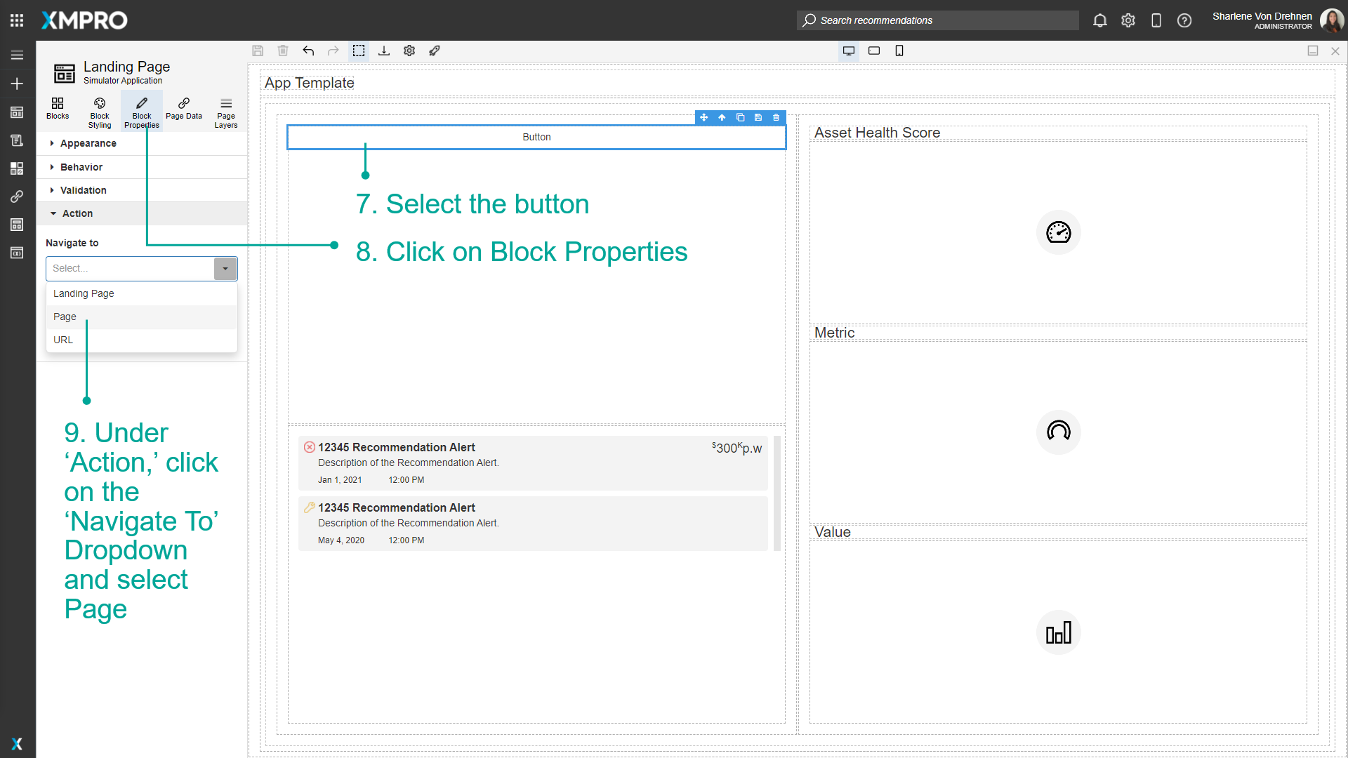 Screenshot of the Block Properties panel with the Action section open. The Navigate To dropdown is set to "Page" in the properties.