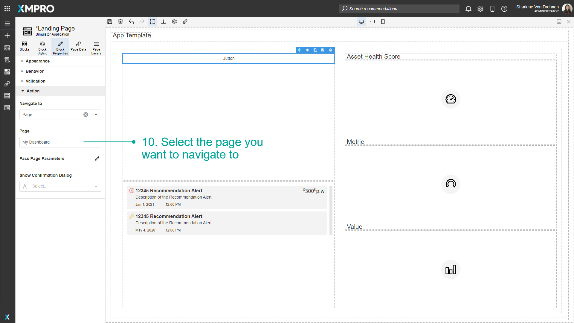 Screenshot showing the dropdown list of available pages that can be selected as the navigation target for the button.