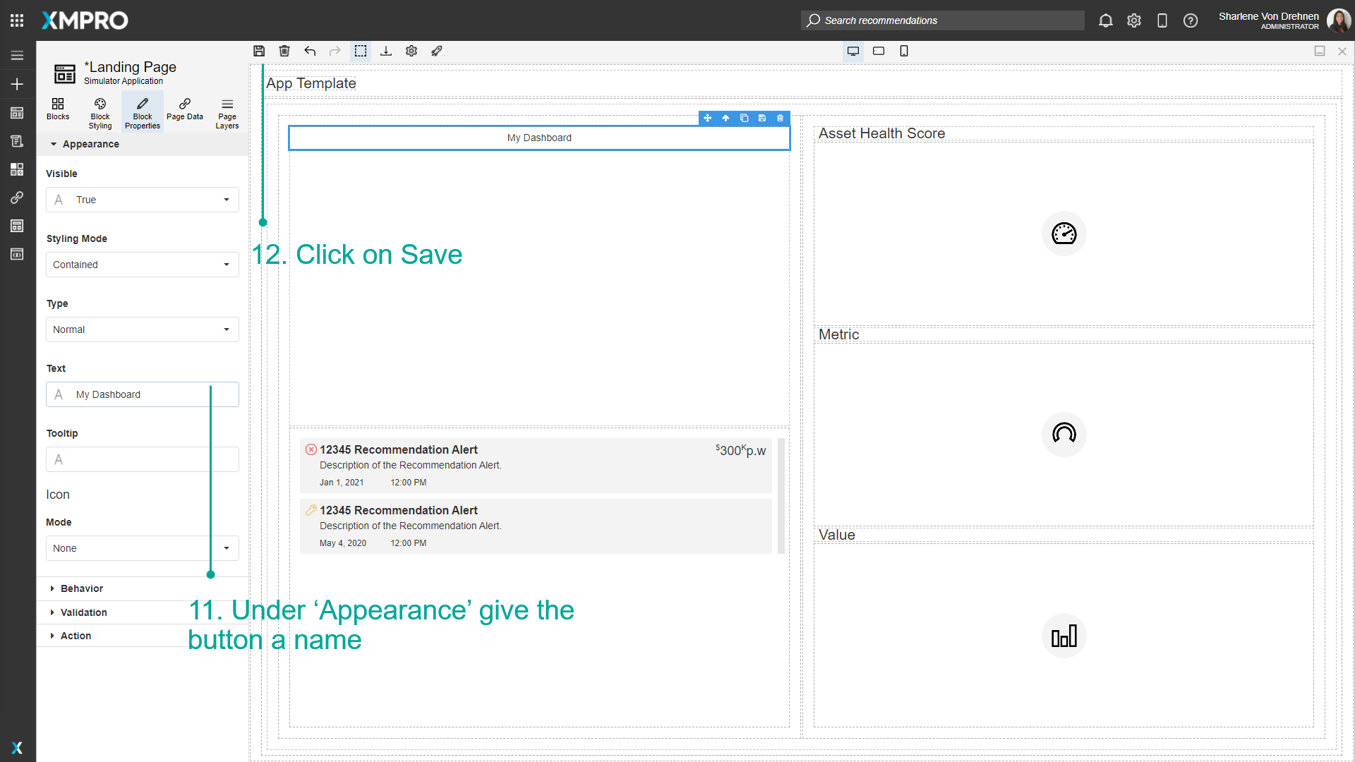 Screenshot of the Block Properties panel with the Appearance section open. The Name field is filled with "Go to Page 2" and the Save button is highlighted at the bottom.