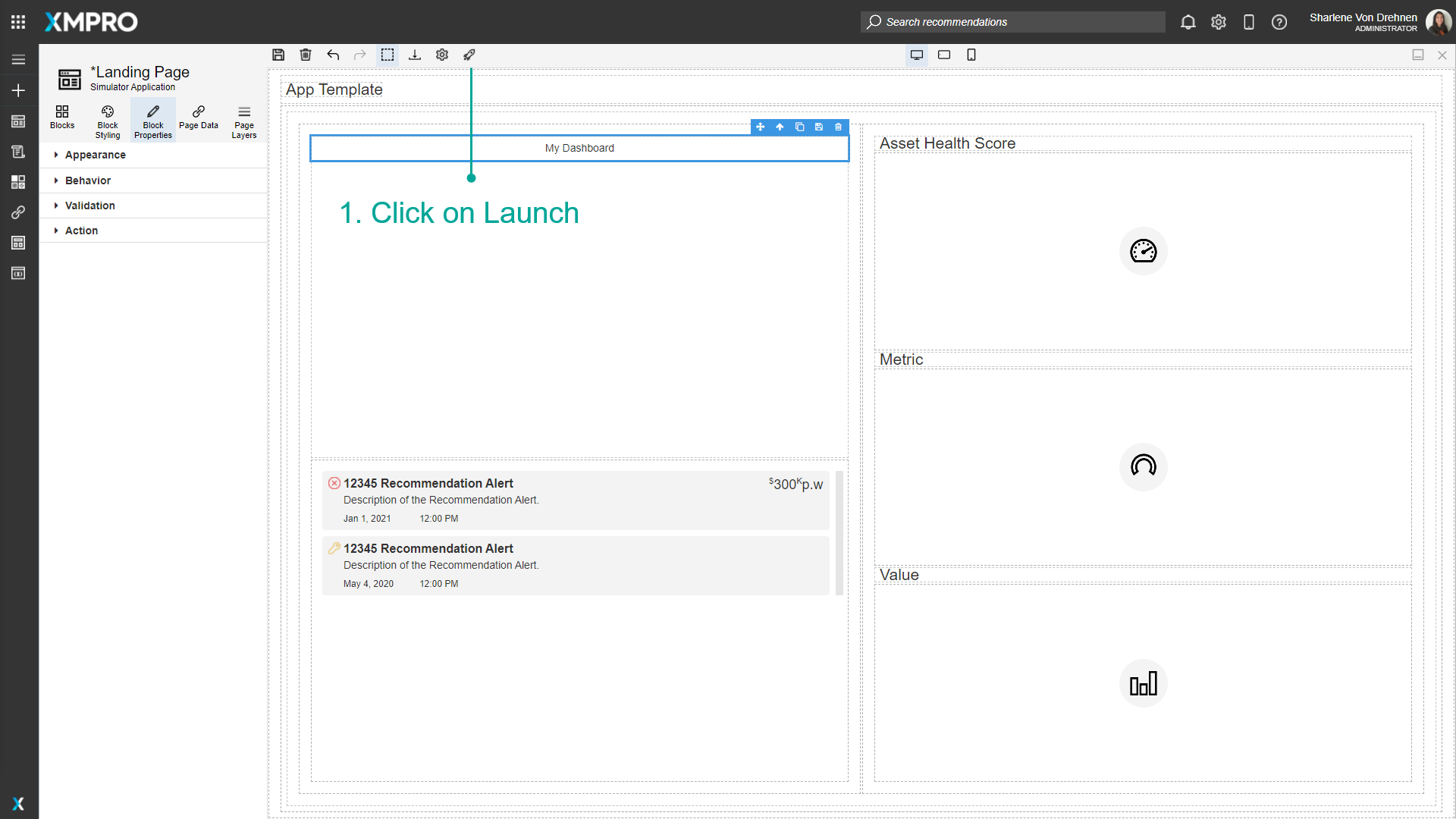 Screenshot showing the app in preview mode with the navigation button visible on the page.
