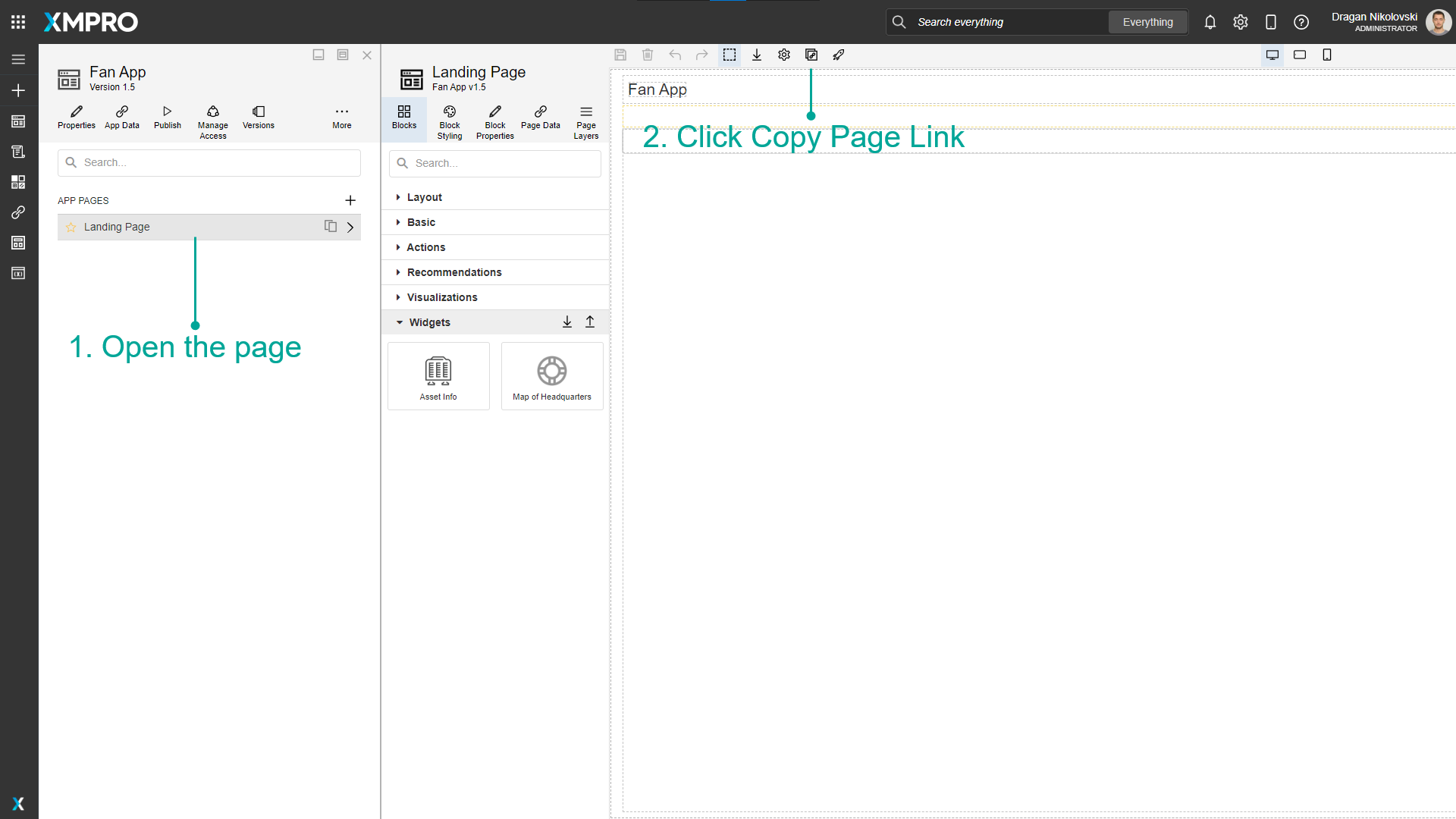 Screenshot showing the Page editor with the "Copy Page Link" button highlighted in the toolbar.