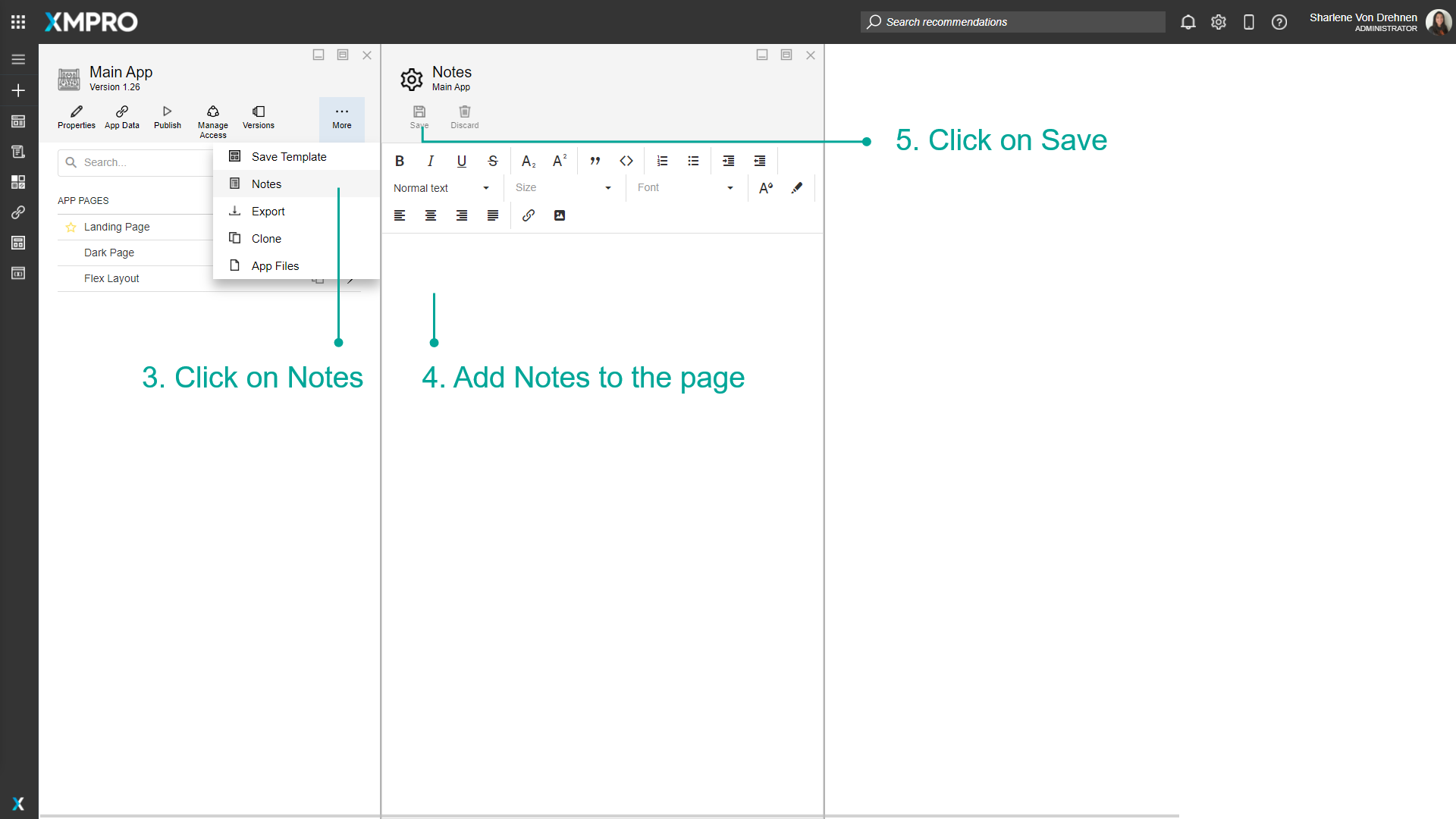 Screenshot showing the Notes tab in the application editor with a text editor for adding application notes