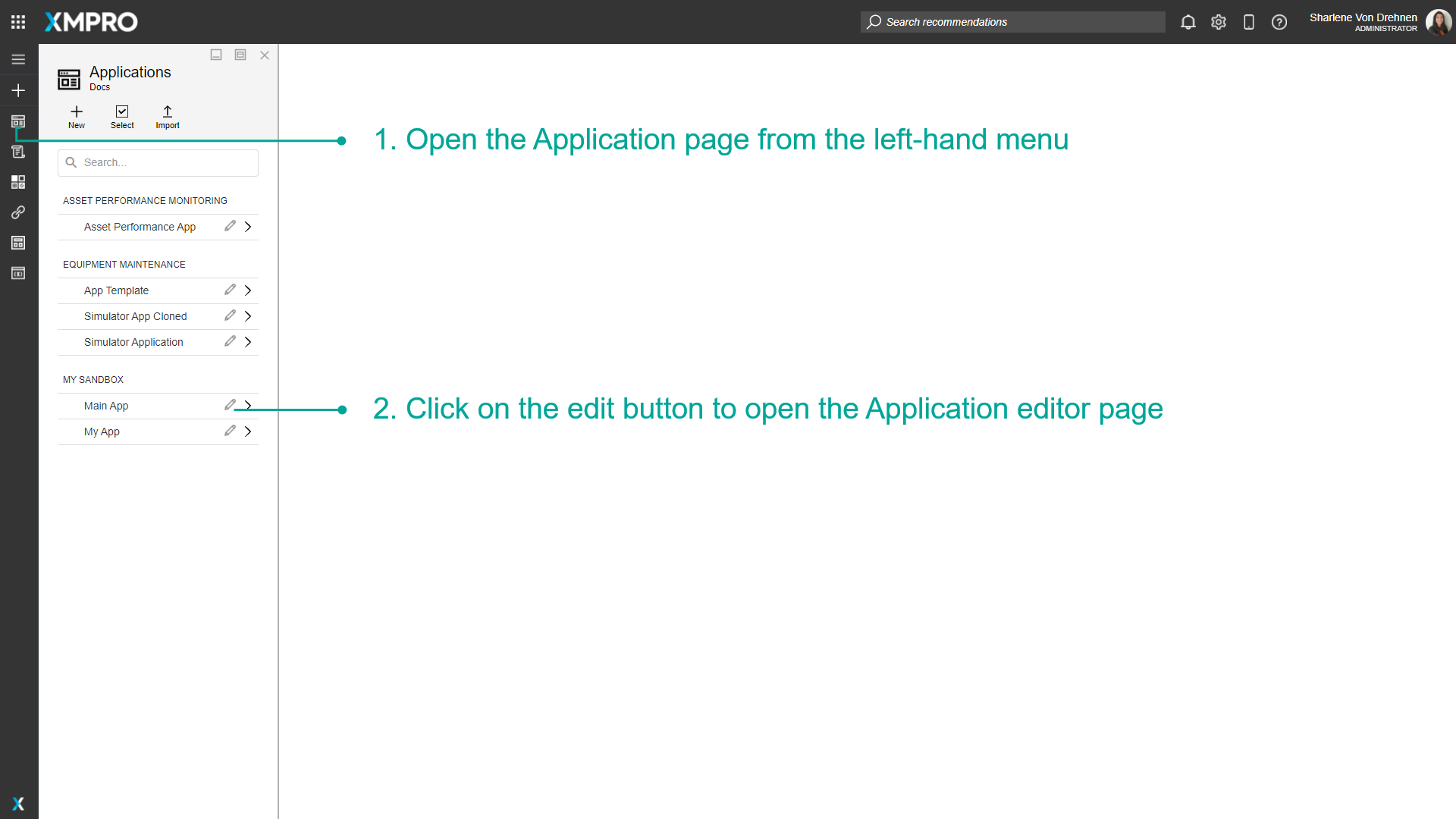 Screenshot showing the Applications page with the edit button highlighted for opening the application editor