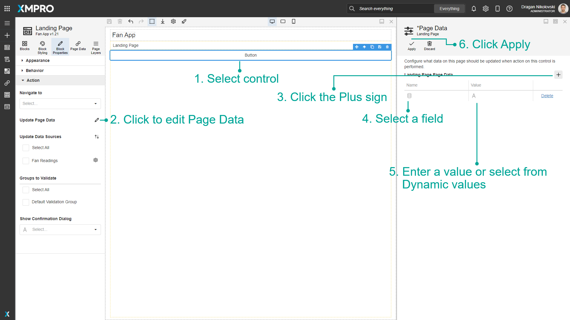 Screenshot of the Page Data configuration dialog. The interface shows a list of page data fields with their values. The dialog has options to add new data entries using the plus button, select fields from a dropdown, and set values either statically or dynamically. An Apply button is visible at the bottom of the dialog.