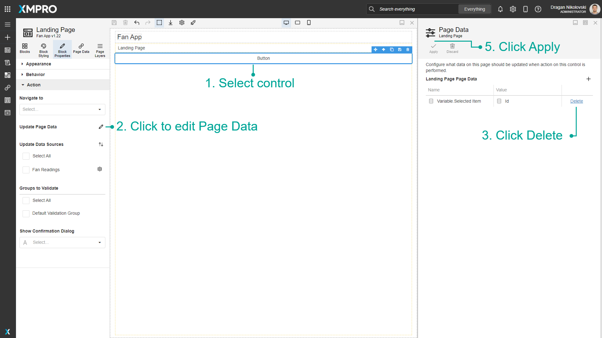 Screenshot showing the process of removing a page data entry. The Page Data dialog is open with a list of data entries, and a delete button (trash icon) is highlighted next to one of the entries. A confirmation dialog appears asking "Are you sure you want to delete this value?" with "Yes" and "No" buttons to confirm the deletion.