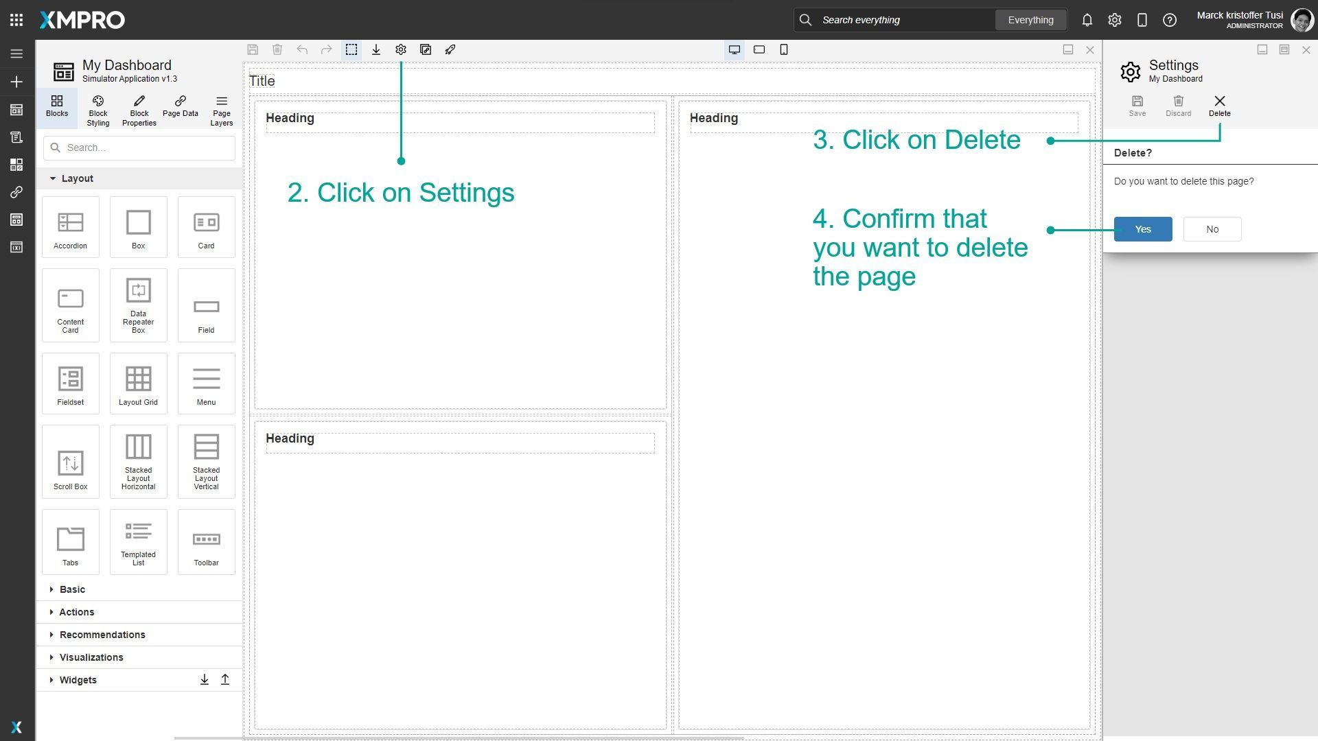 Settings menu with Delete option highlighted