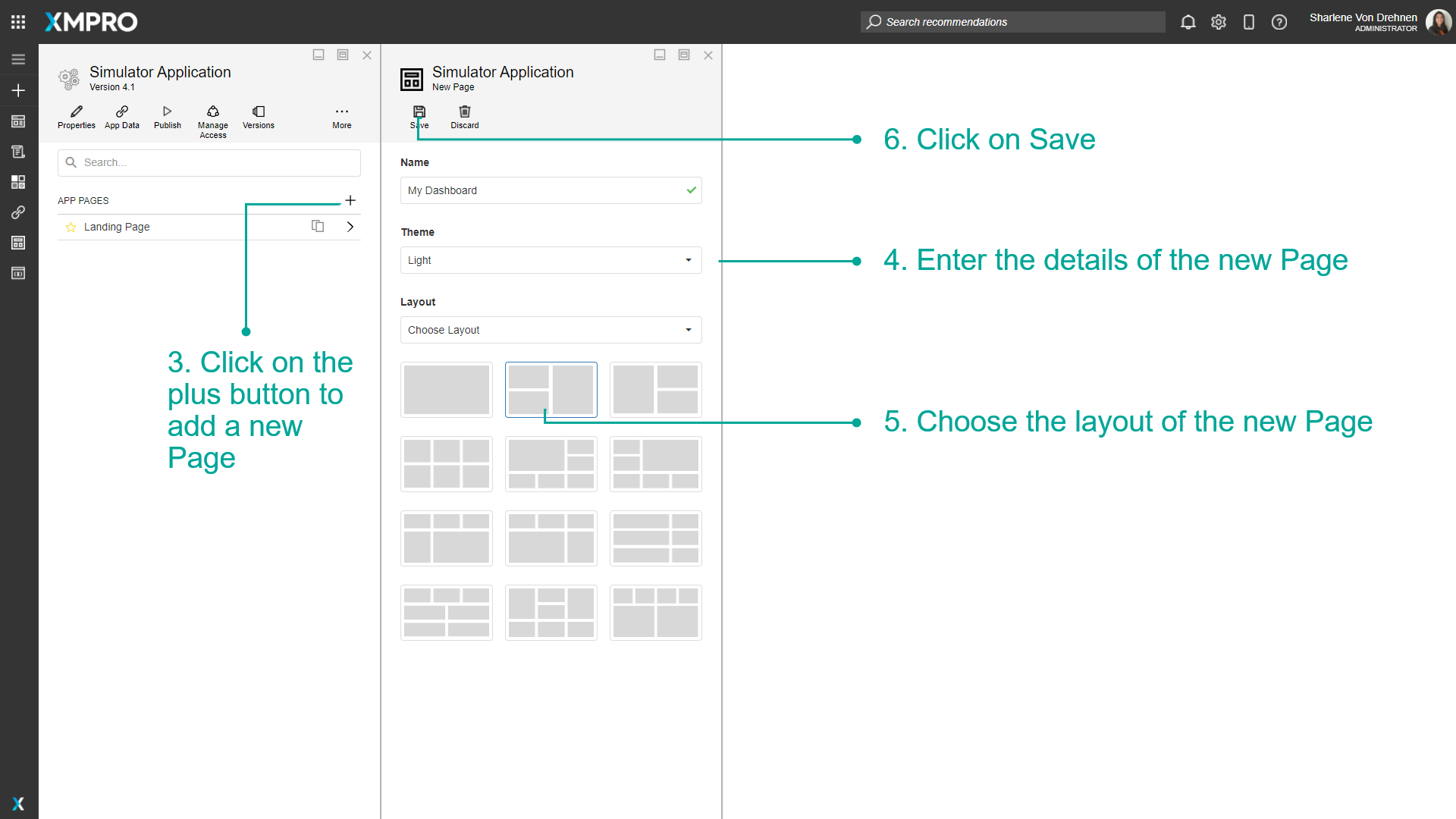 New page creation dialog with fields for name, title, and layout