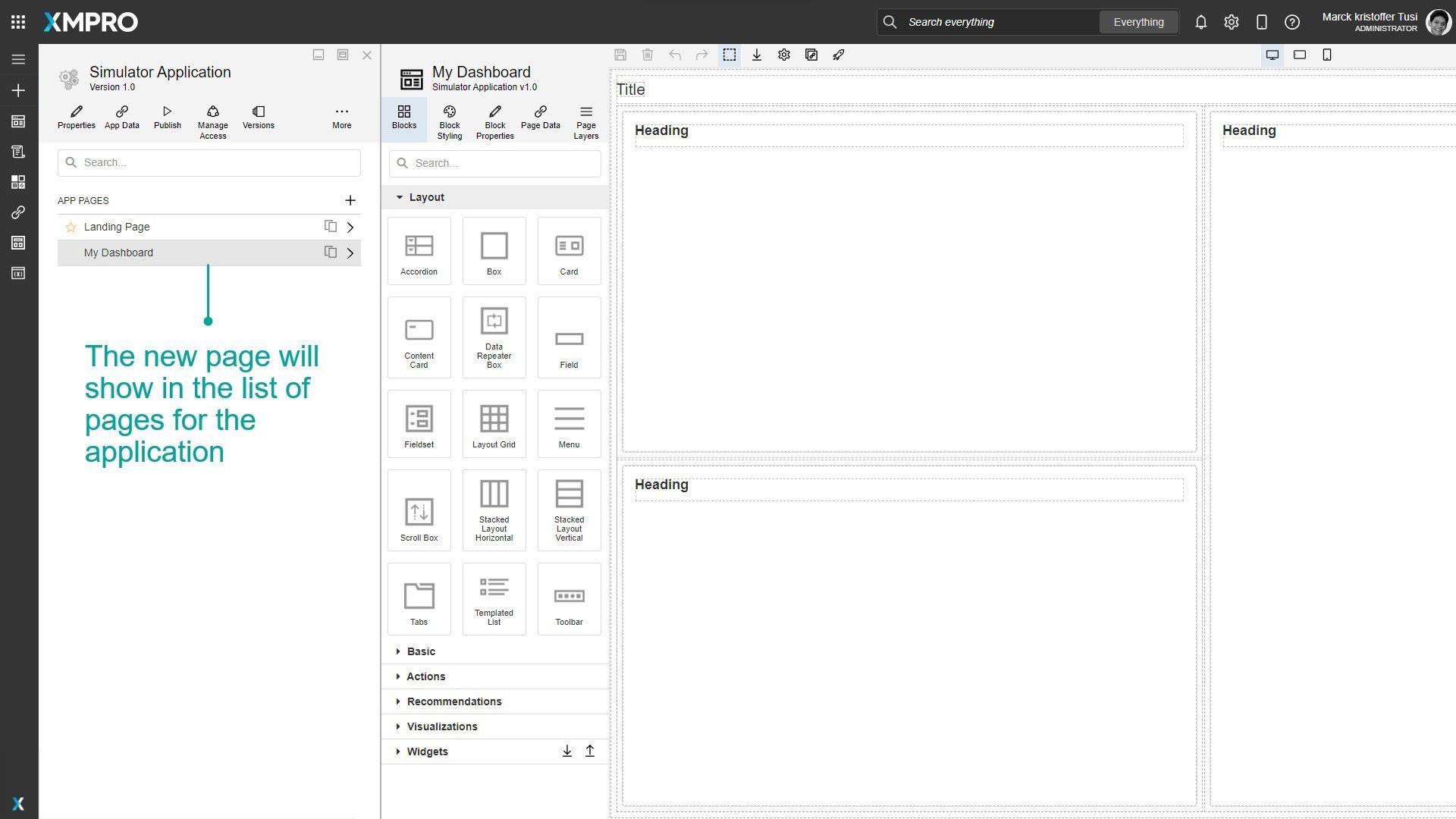 Page list showing the newly created page