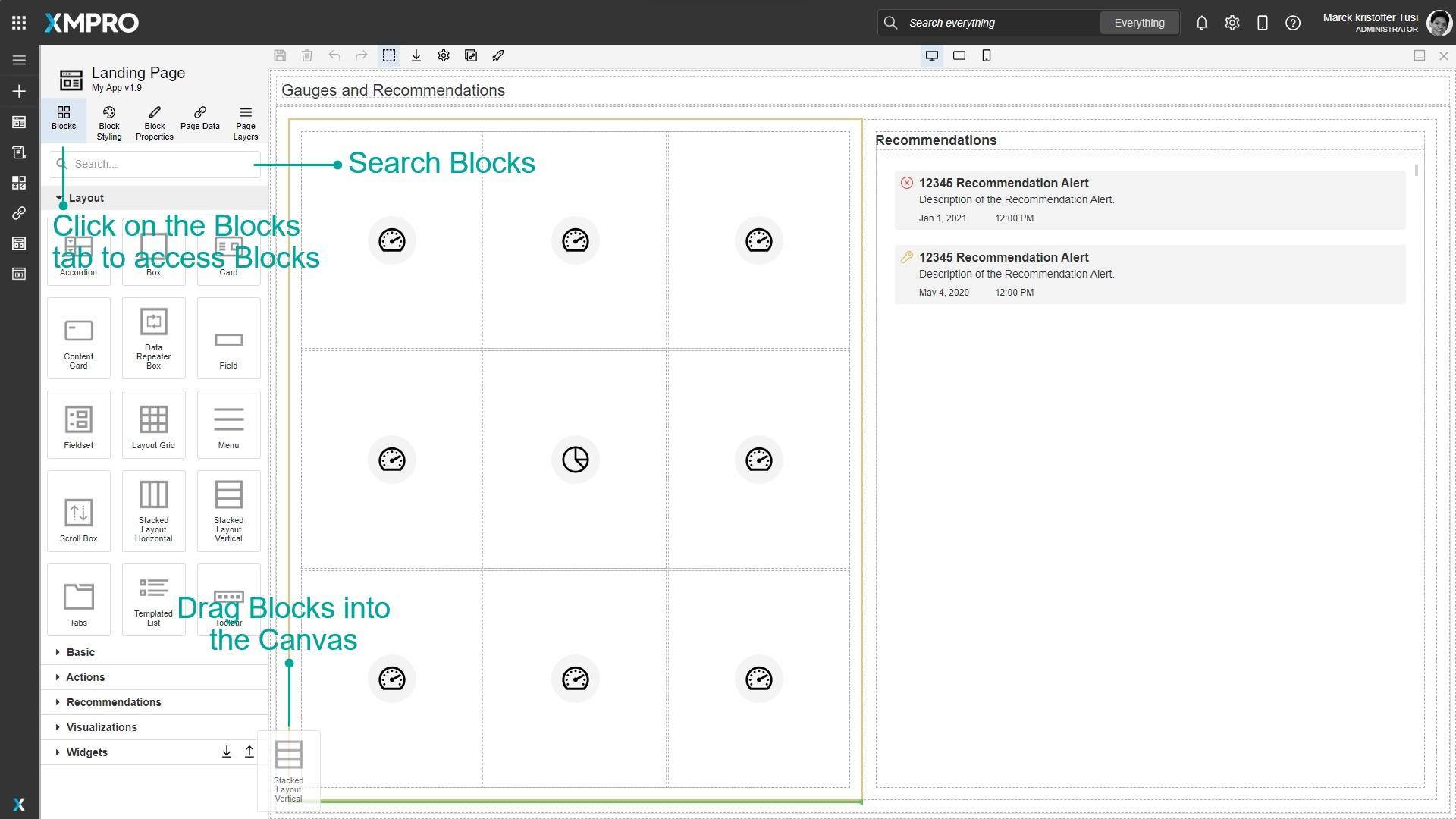 Blocks tab with different block categories and search bar