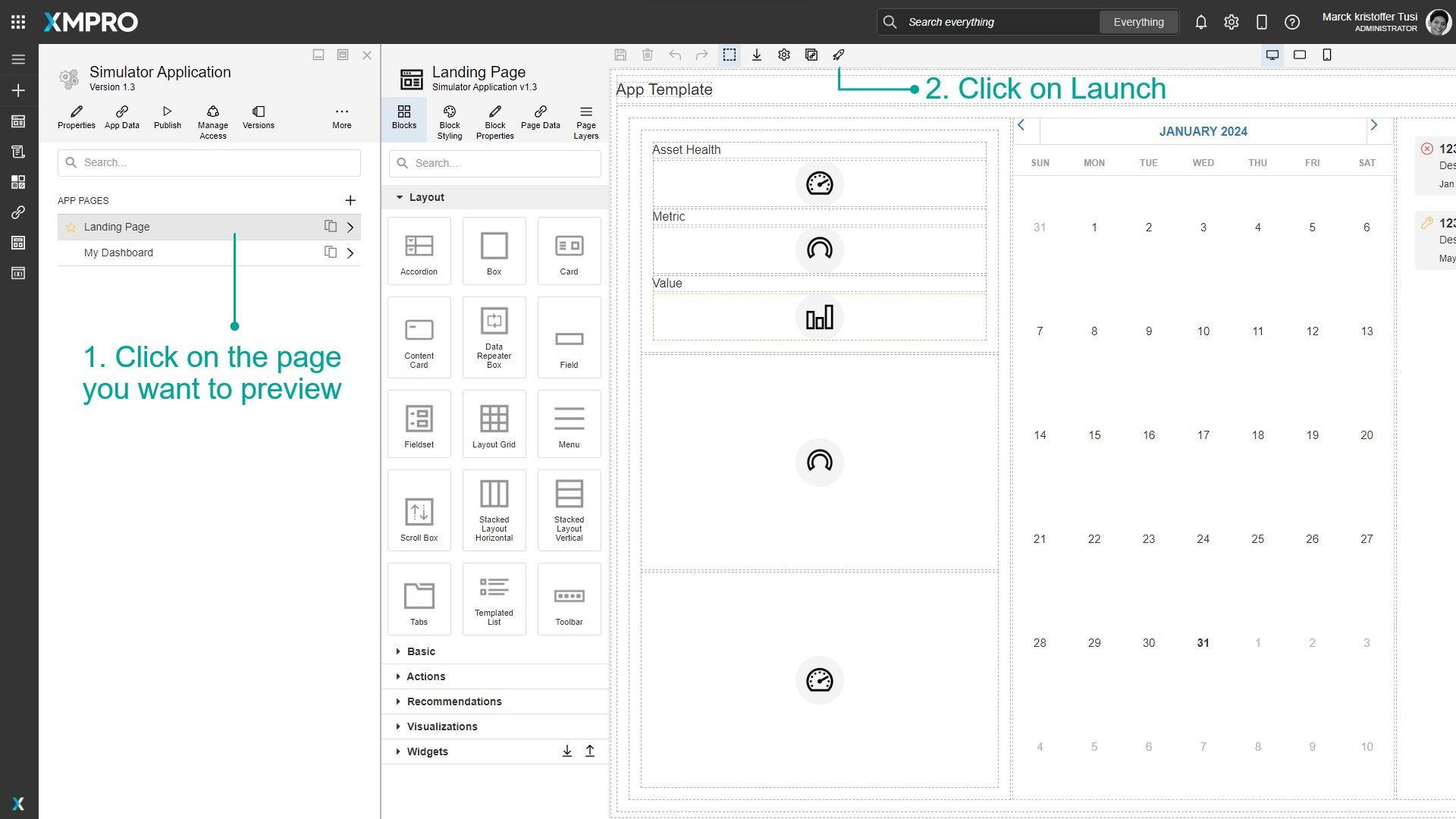 Page list with Launch button highlighted