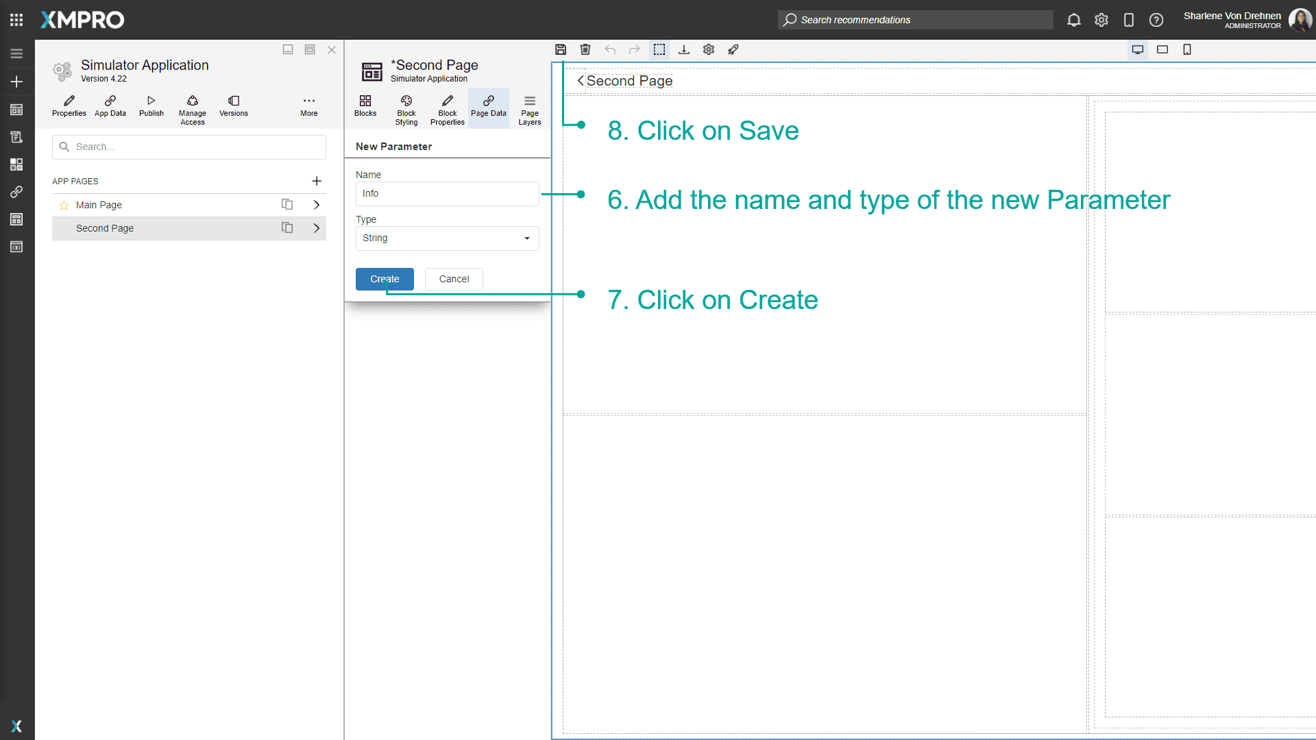 Screenshot of the Create Parameter dialog box where a new parameter named "MachineID" is being created with the type set to "string". The Create and Cancel buttons are shown at the bottom of the dialog.