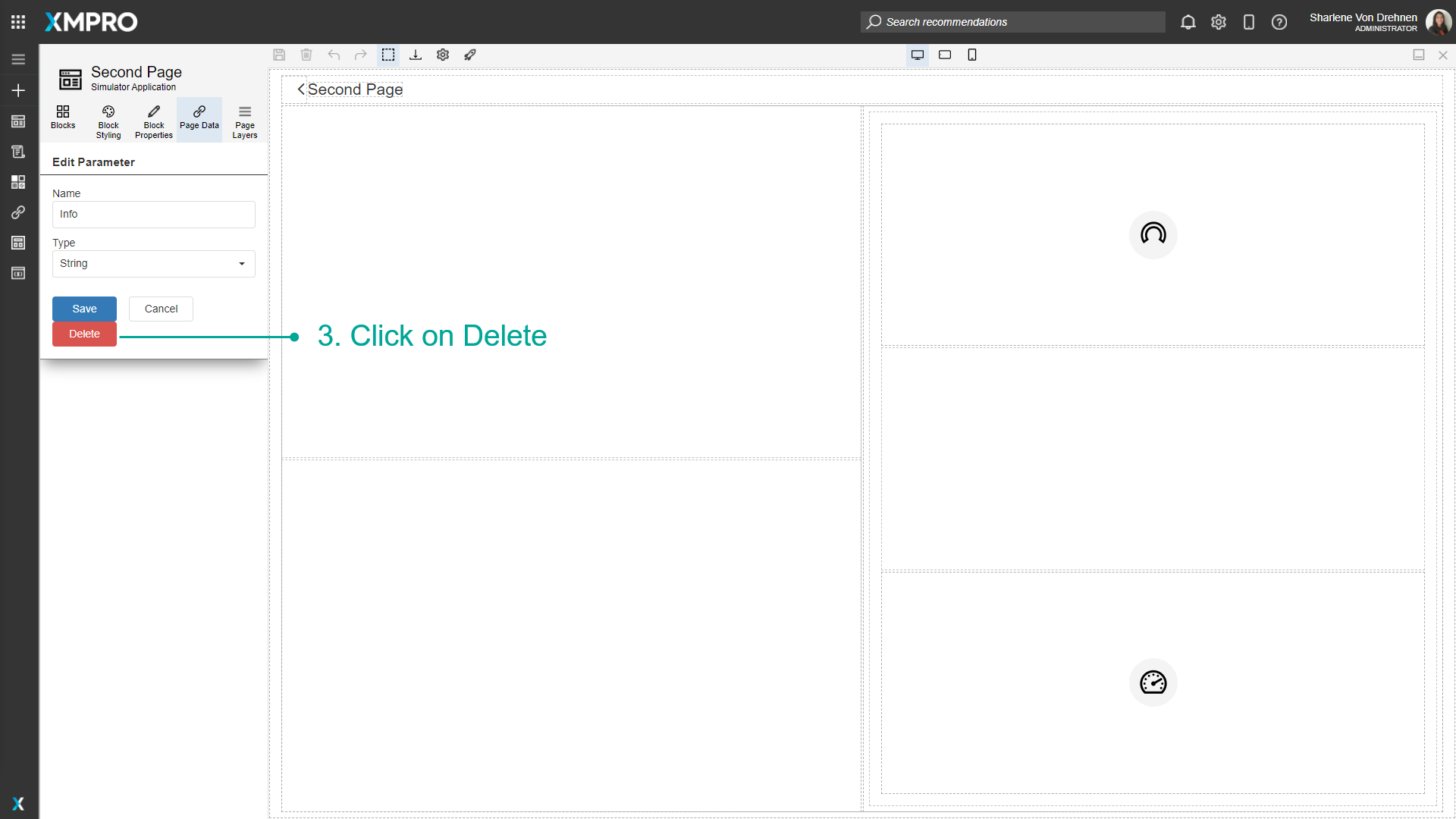 Screenshot of the Edit Parameter dialog with the Delete button highlighted at the bottom. This button will remove the parameter from the page.