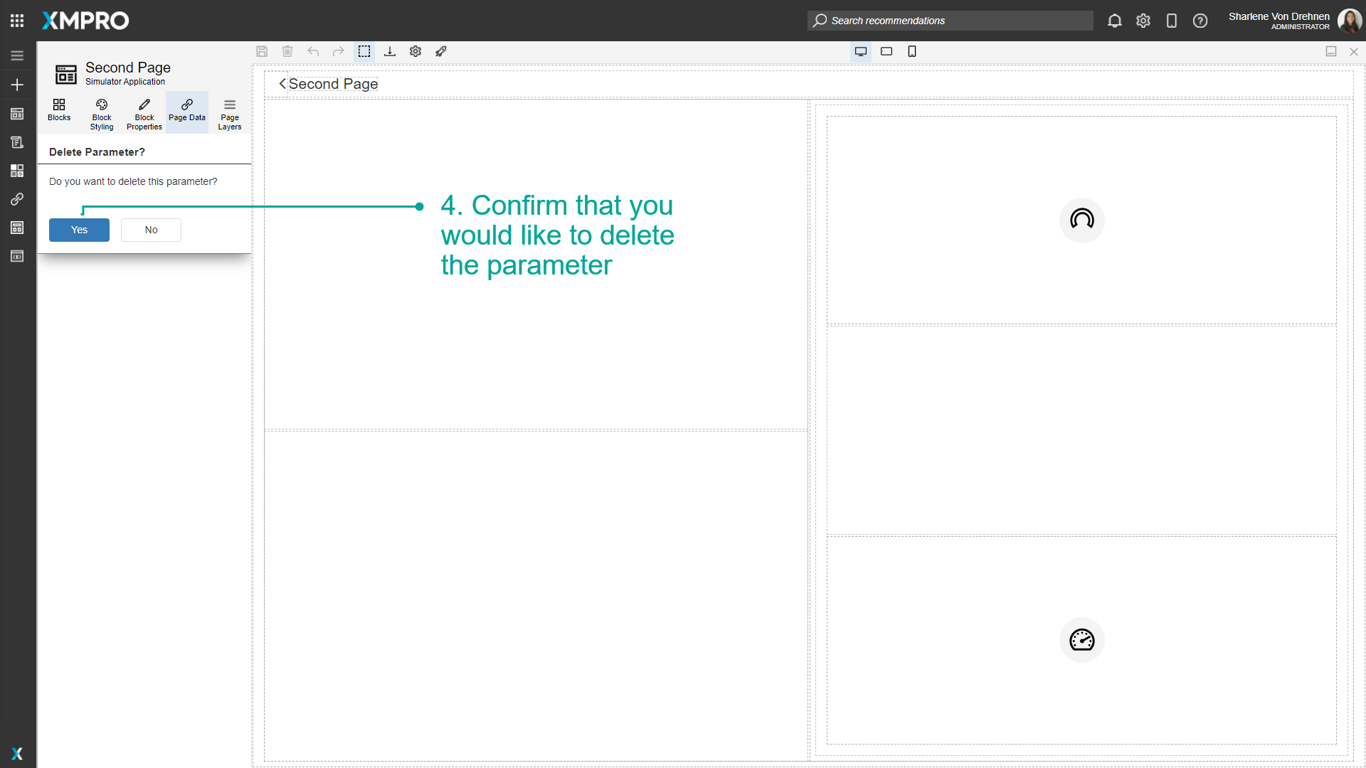 Screenshot of the confirmation dialog asking "Are you sure you want to delete this parameter?" with "Yes" and "No" buttons to confirm or cancel the deletion.
