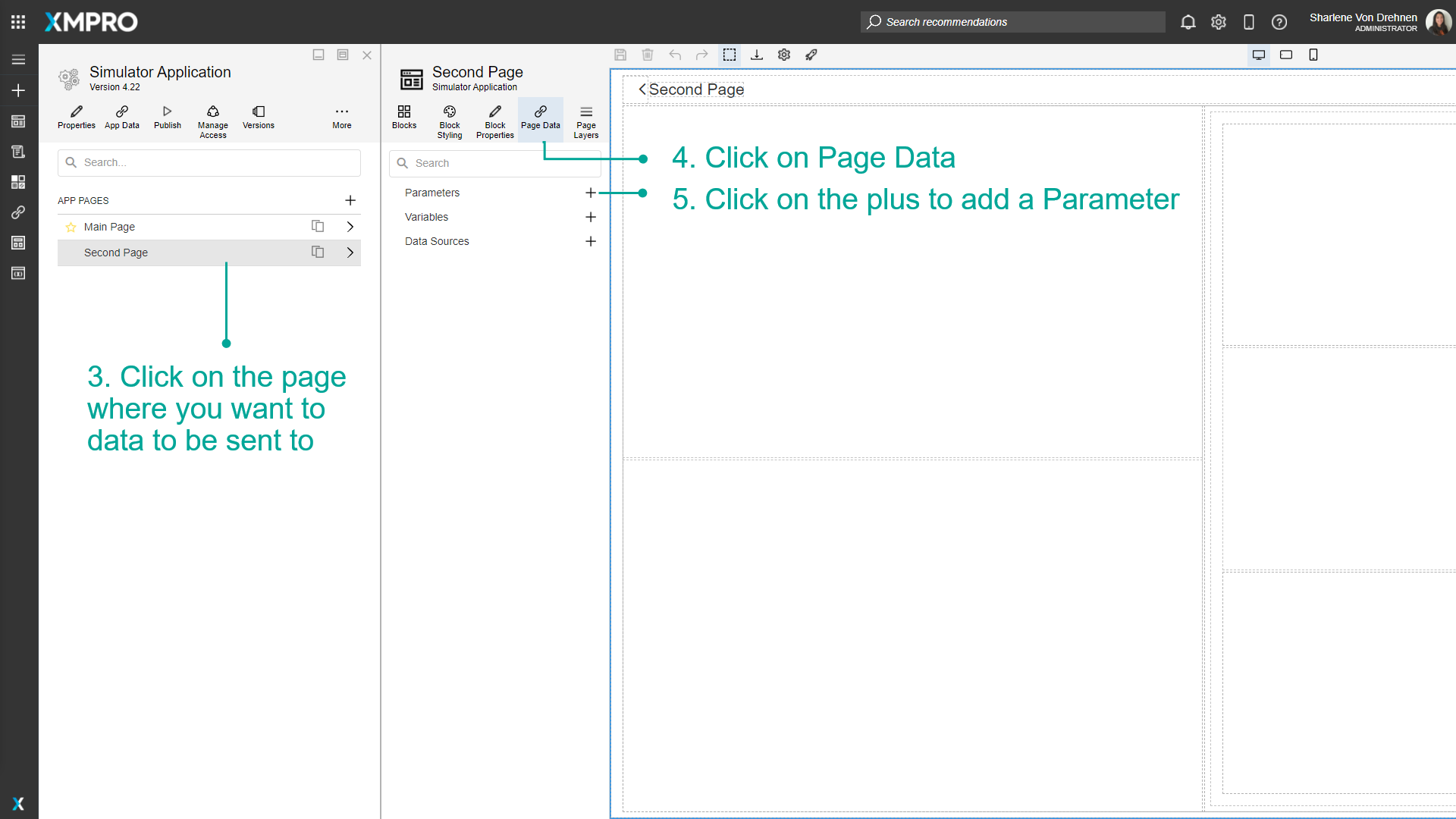 Screenshot of the Page Data panel with the plus button highlighted, used to add a new parameter to the page. The panel shows a list of existing parameters and their types.