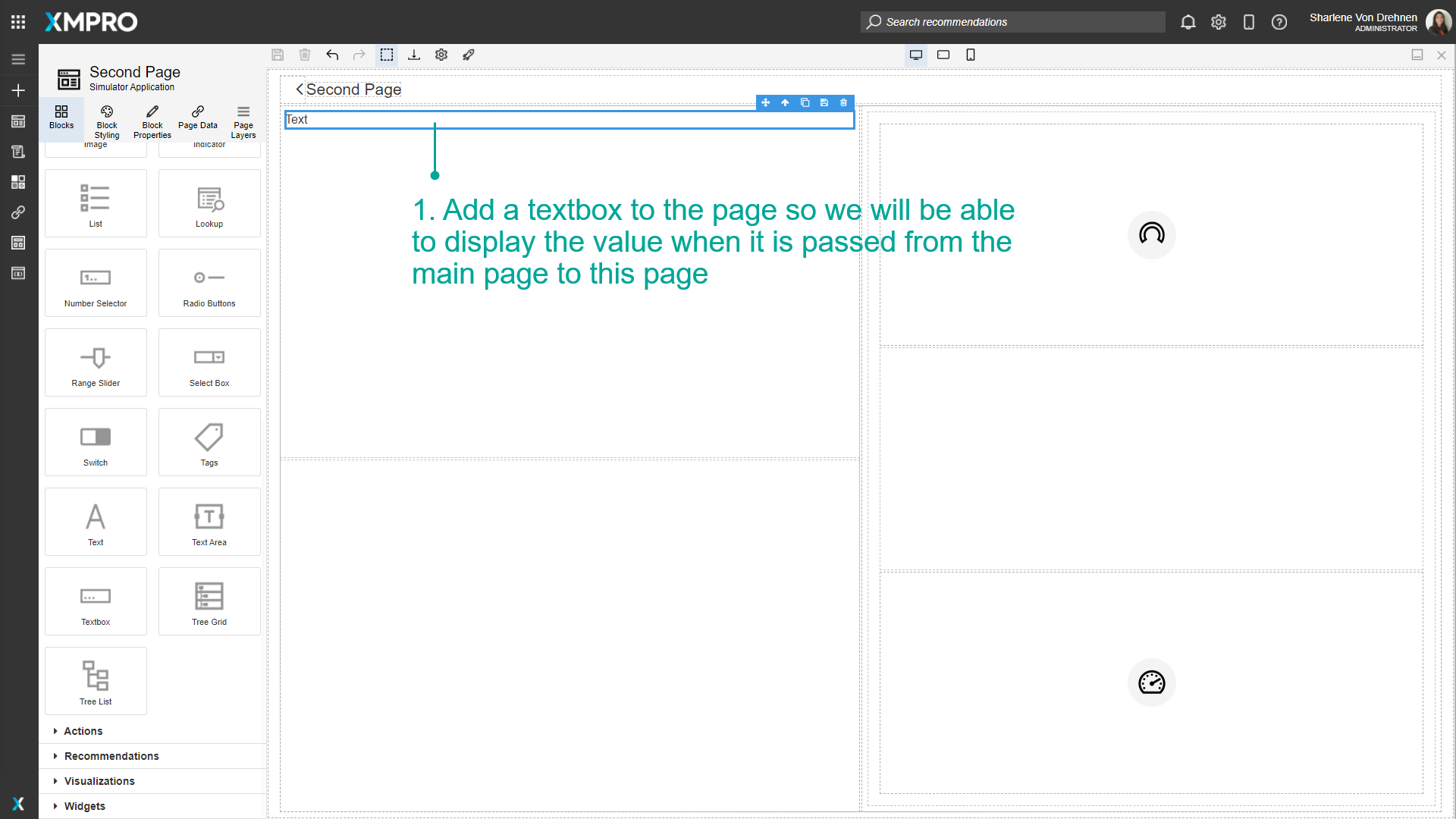 Screenshot showing a textbox component being added to the page from the Block Components panel. The textbox is being dragged onto the canvas area.